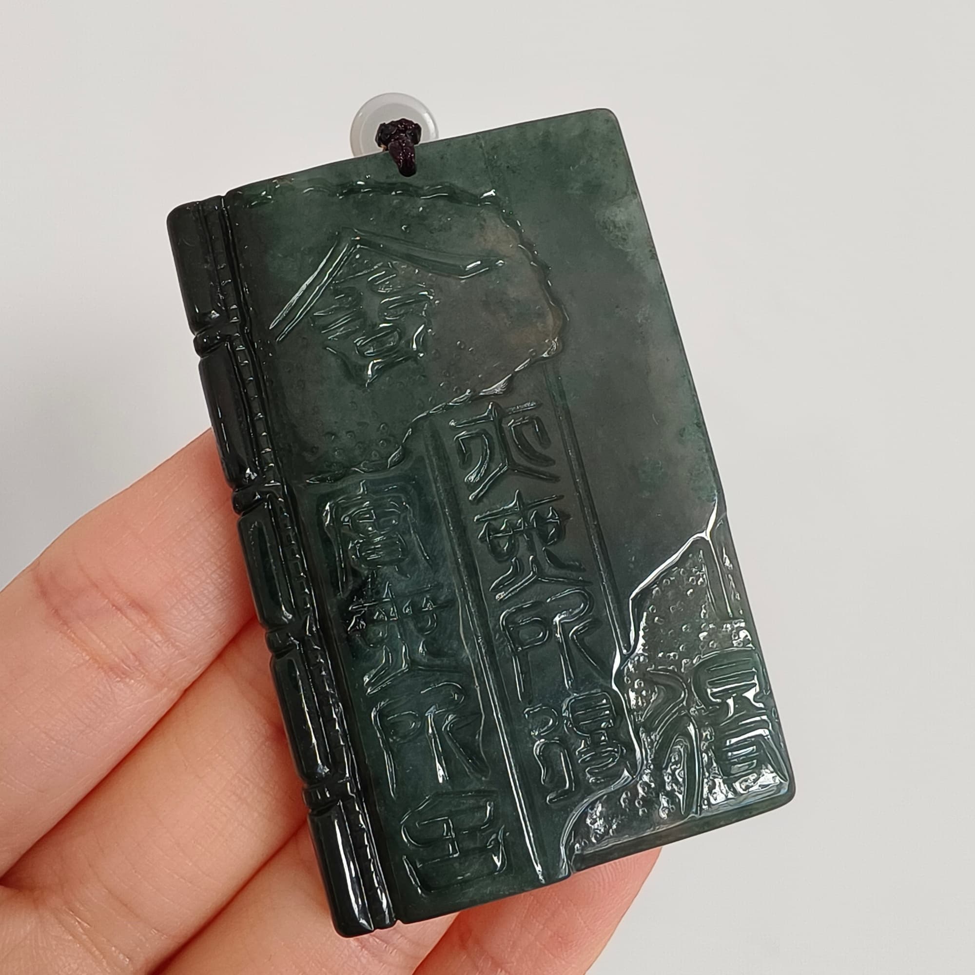 DDP 60mm Natural Certificated Type A Untreated Blue Guatemalan Jadeite Book Style Pendant With Ancient Chinese calligraphy "She De" Carved