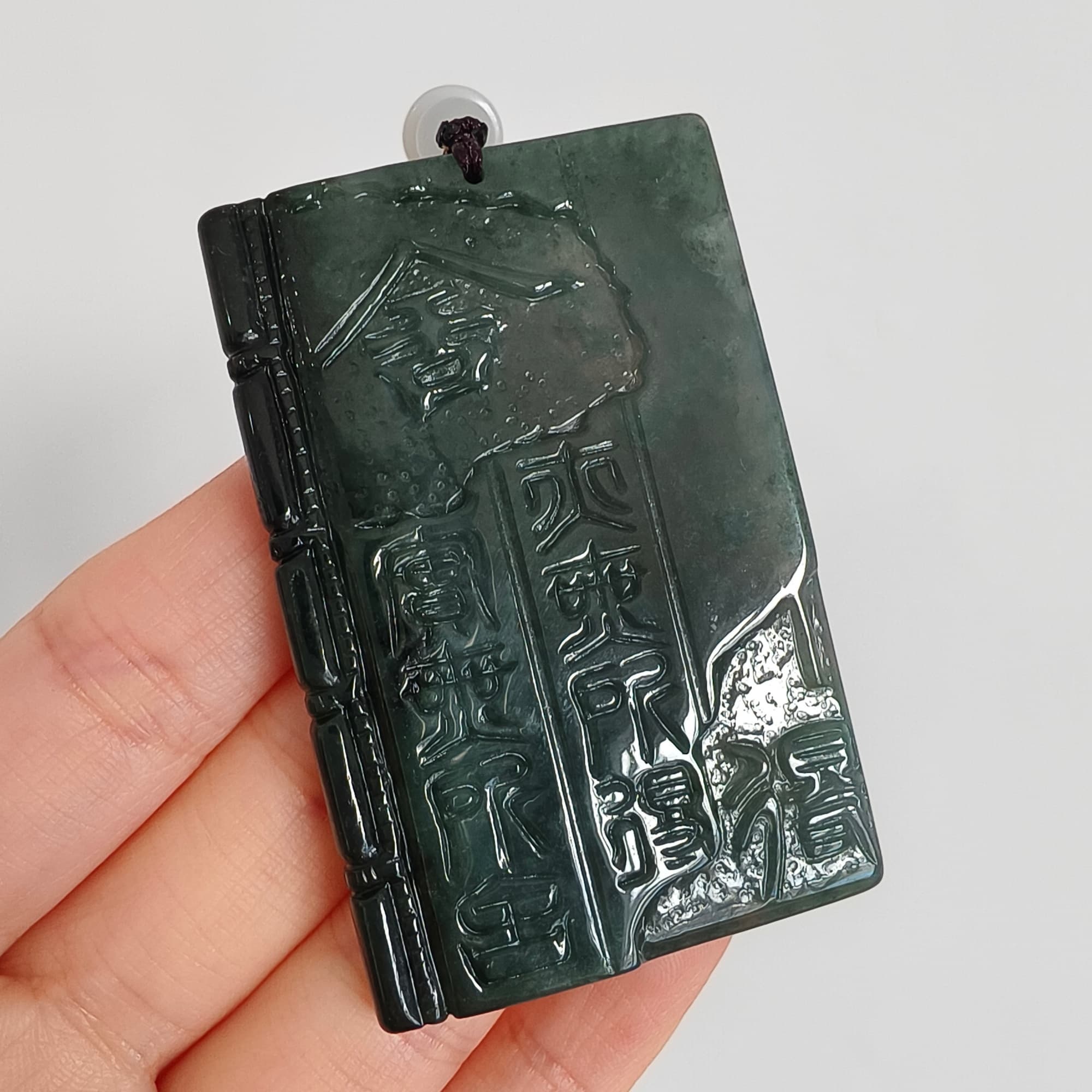 DDP 60mm Natural Certificated Type A Untreated Blue Guatemalan Jadeite Book Style Pendant With Ancient Chinese calligraphy "She De" Carved