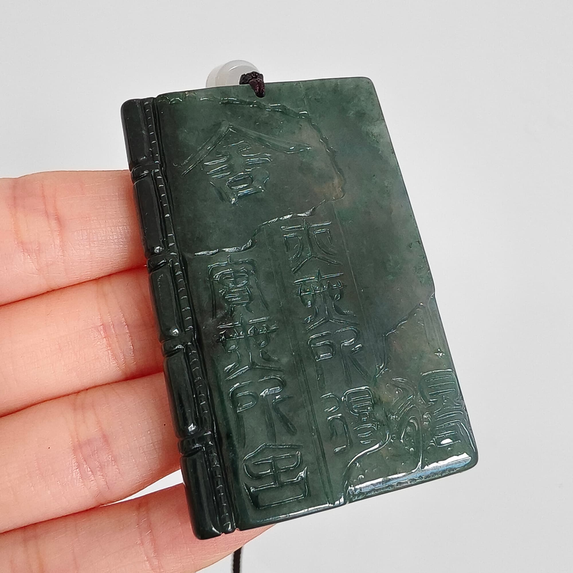 DDP 60mm Natural Certificated Type A Untreated Blue Guatemalan Jadeite Book Style Pendant With Ancient Chinese calligraphy "She De" Carved