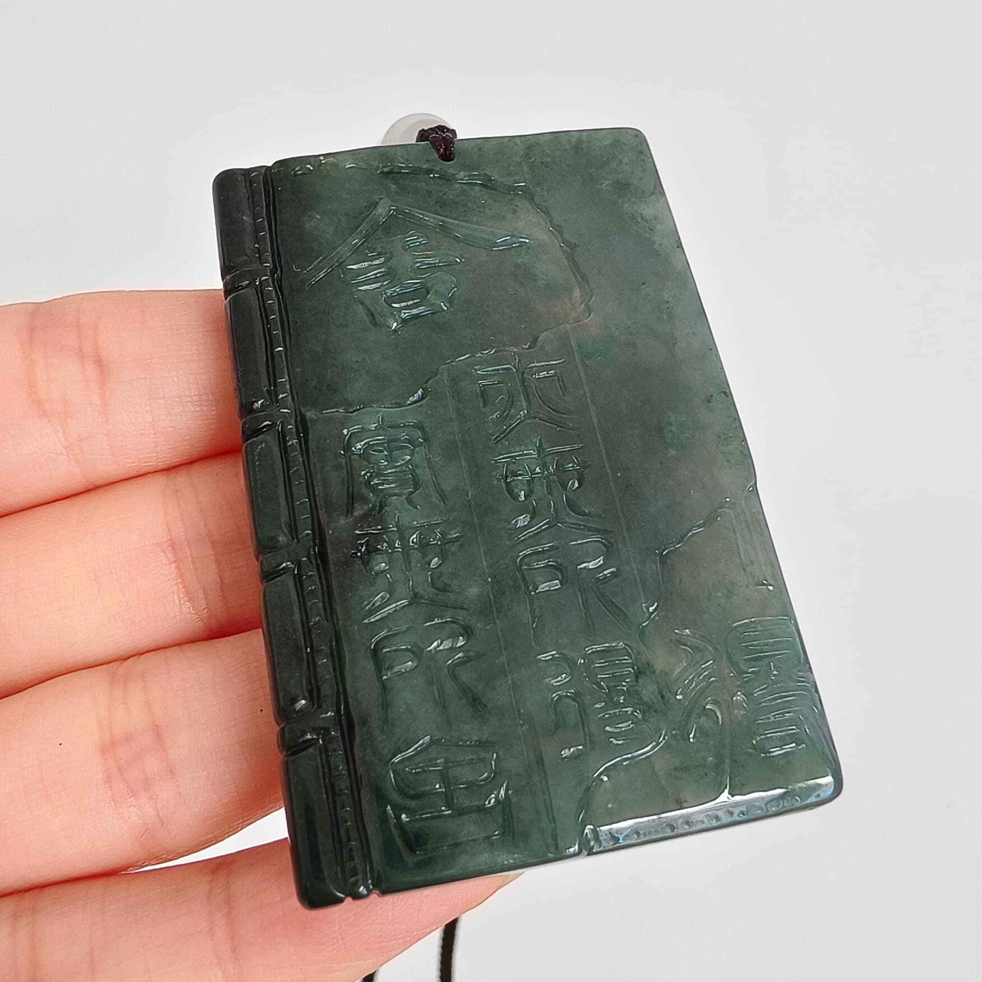 DDP 60mm Natural Certificated Type A Untreated Blue Guatemalan Jadeite Book Style Pendant With Ancient Chinese calligraphy "She De" Carved