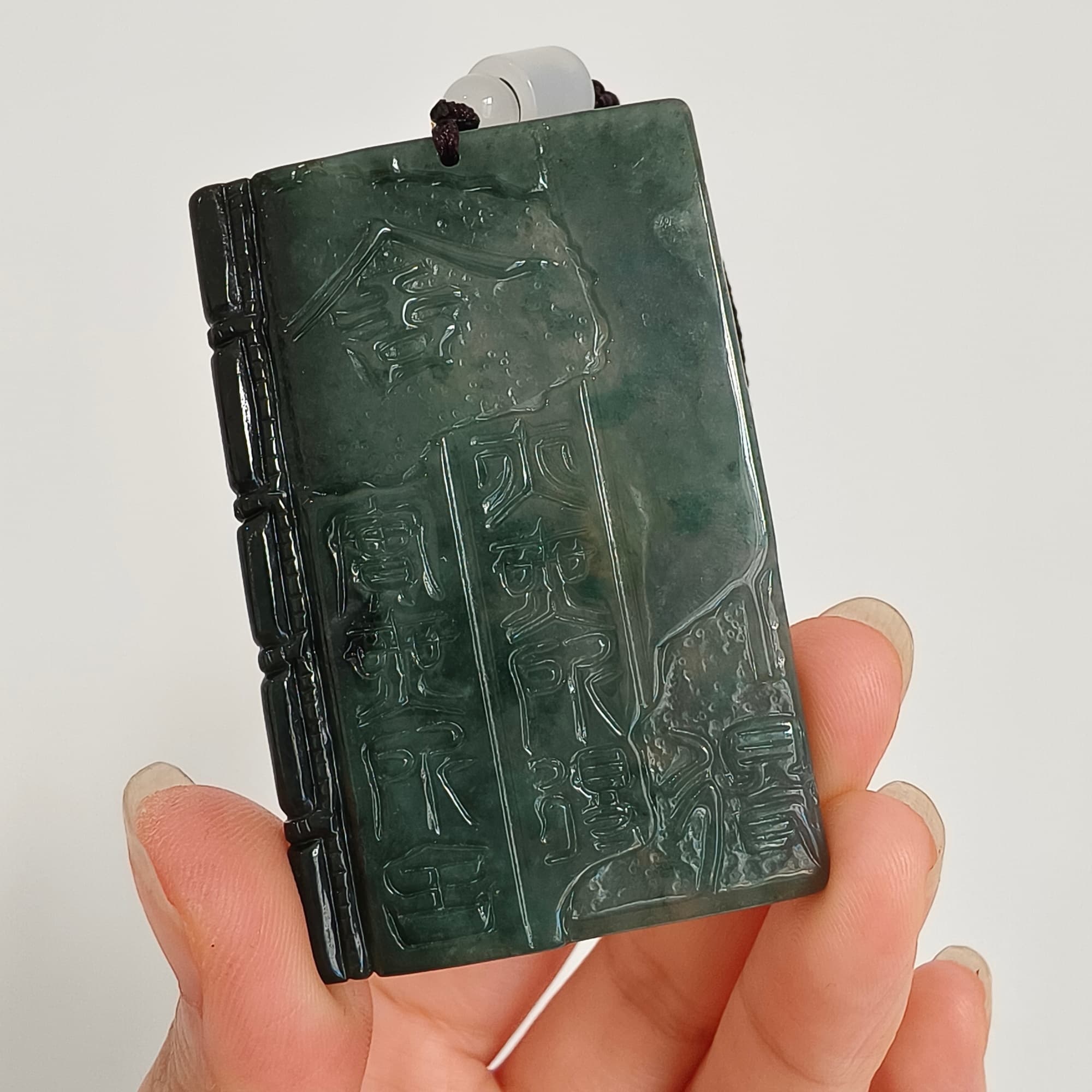 DDP 60mm Natural Certificated Type A Untreated Blue Guatemalan Jadeite Book Style Pendant With Ancient Chinese calligraphy "She De" Carved