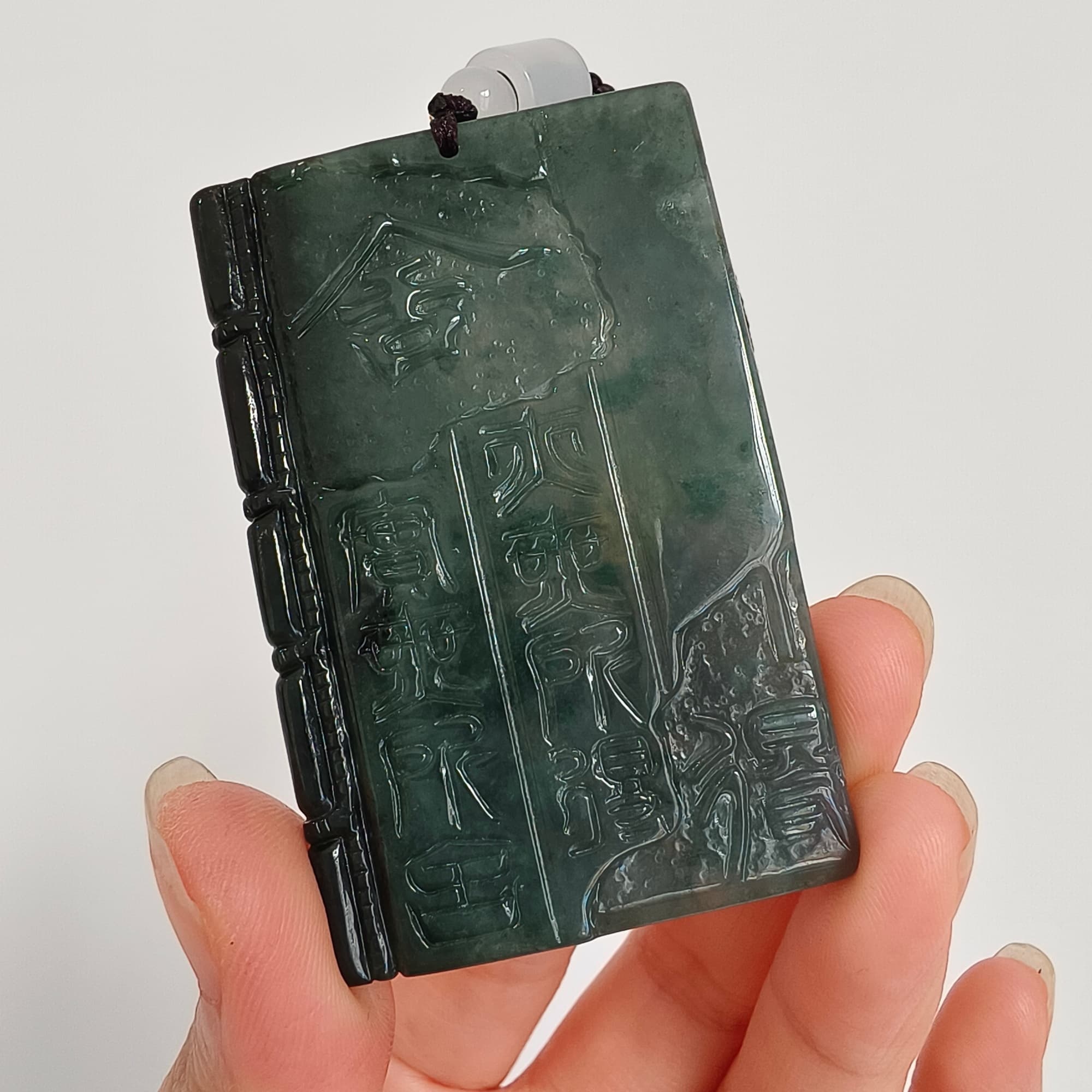 DDP 60mm Natural Certificated Type A Untreated Blue Guatemalan Jadeite Book Style Pendant With Ancient Chinese calligraphy "She De" Carved