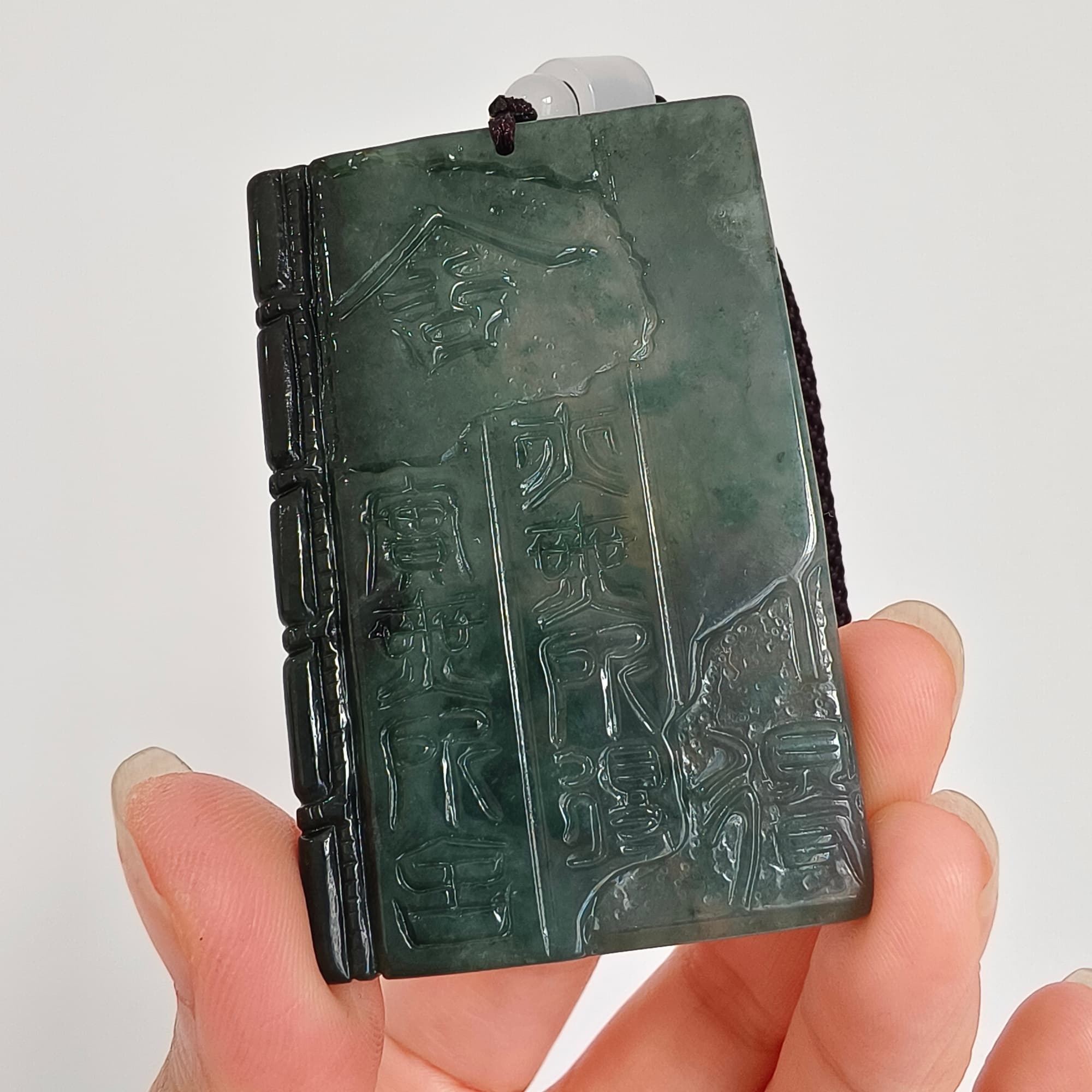 DDP 60mm Natural Certificated Type A Untreated Blue Guatemalan Jadeite Book Style Pendant With Ancient Chinese calligraphy "She De" Carved