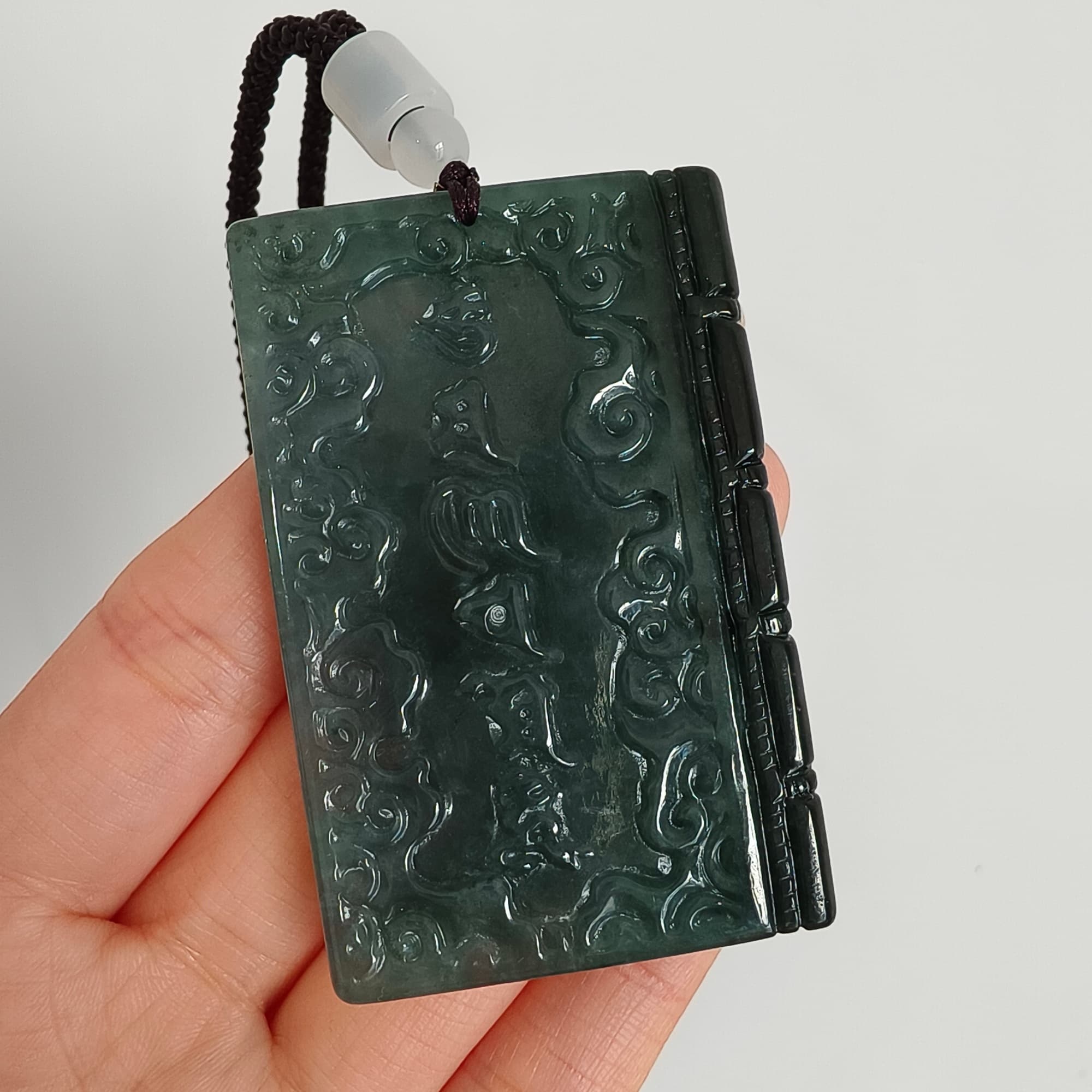 DDP 60mm Natural Certificated Type A Untreated Blue Guatemalan Jadeite Book Style Pendant With Ancient Chinese calligraphy "She De" Carved