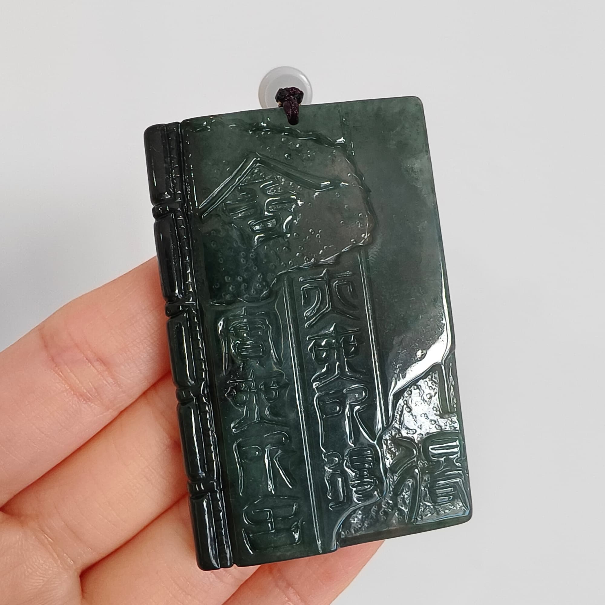 DDP 60mm Natural Certificated Type A Untreated Blue Guatemalan Jadeite Book Style Pendant With Ancient Chinese calligraphy "She De" Carved