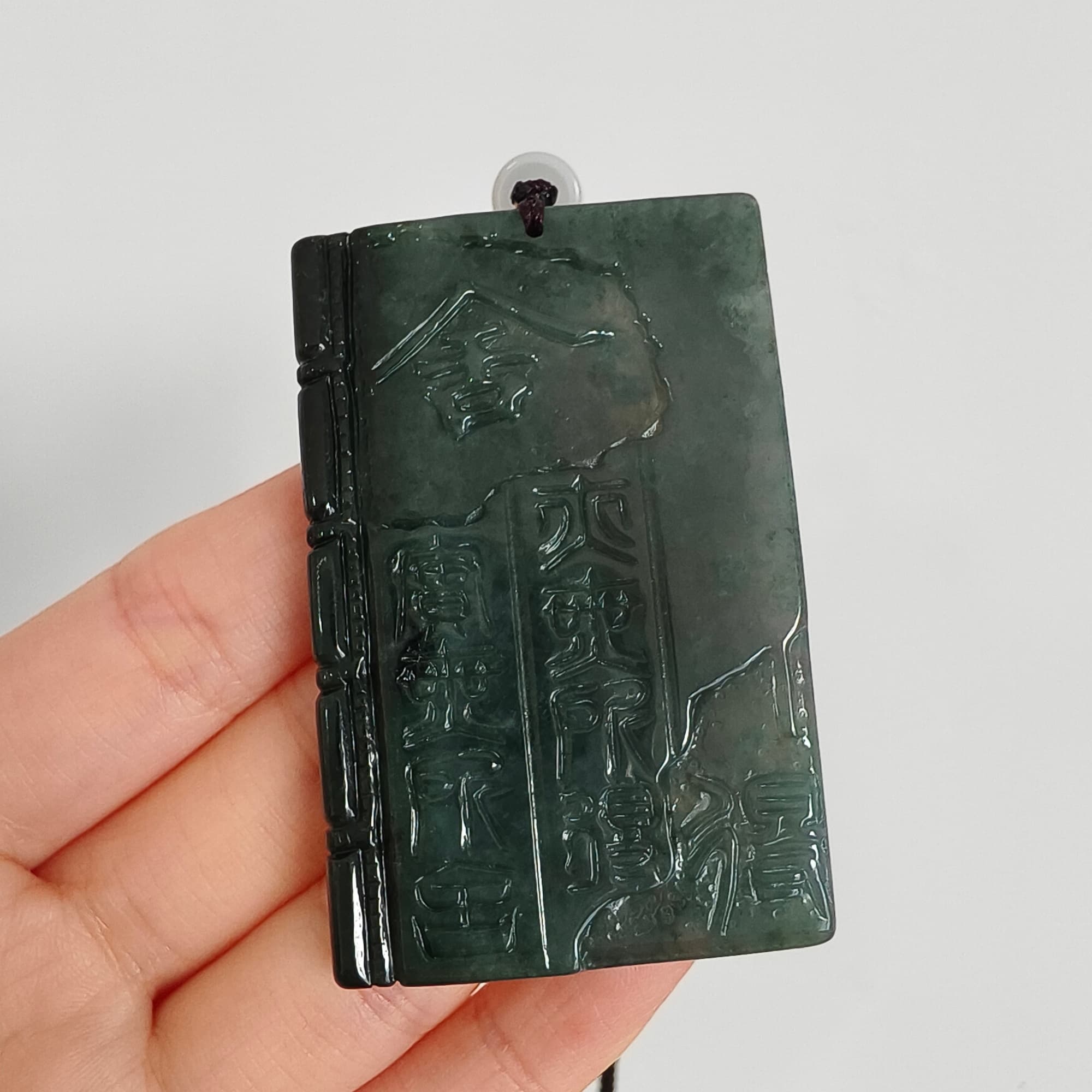 DDP 60mm Natural Certificated Type A Untreated Blue Guatemalan Jadeite Book Style Pendant With Ancient Chinese calligraphy "She De" Carved