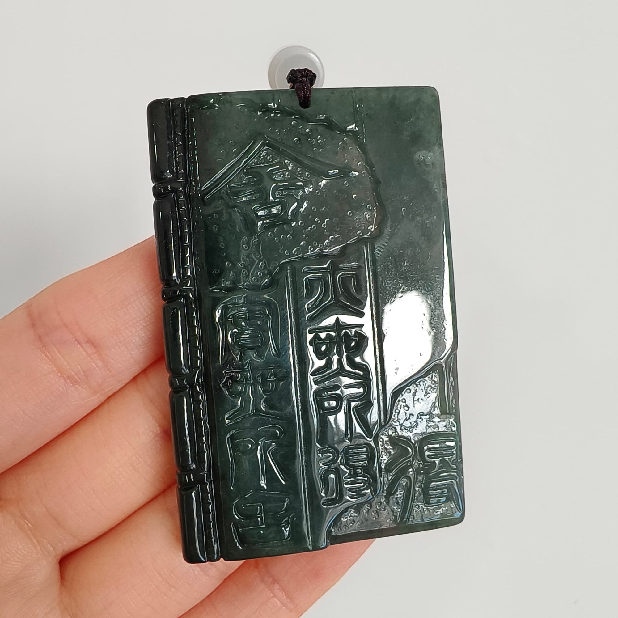 DDP 60mm Natural Certificated Type A Untreated Blue Guatemalan Jadeite Book Style Pendant With Ancient Chinese calligraphy "She De" Carved