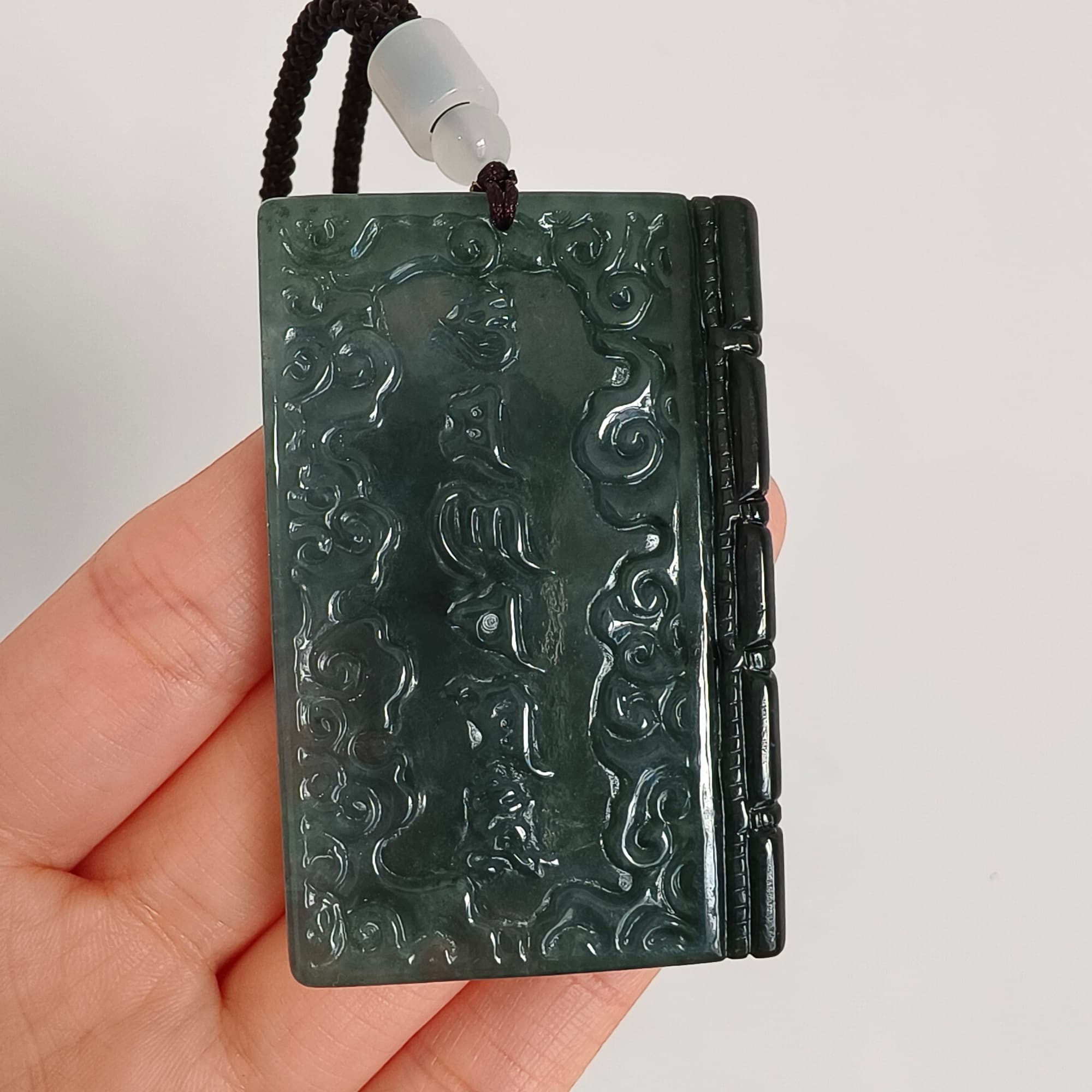 DDP 60mm Natural Certificated Type A Untreated Blue Guatemalan Jadeite Book Style Pendant With Ancient Chinese calligraphy "She De" Carved