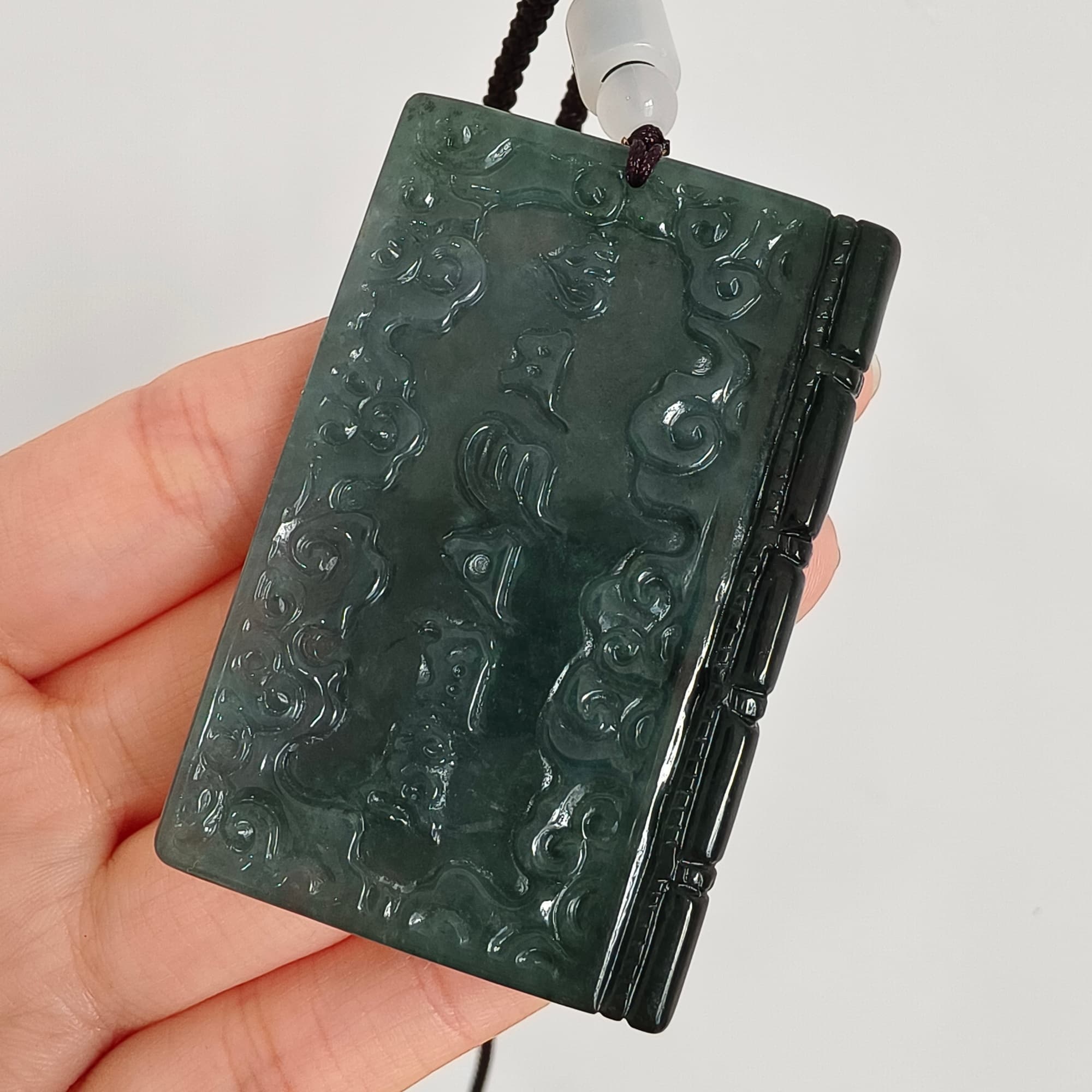 DDP 60mm Natural Certificated Type A Untreated Blue Guatemalan Jadeite Book Style Pendant With Ancient Chinese calligraphy "She De" Carved