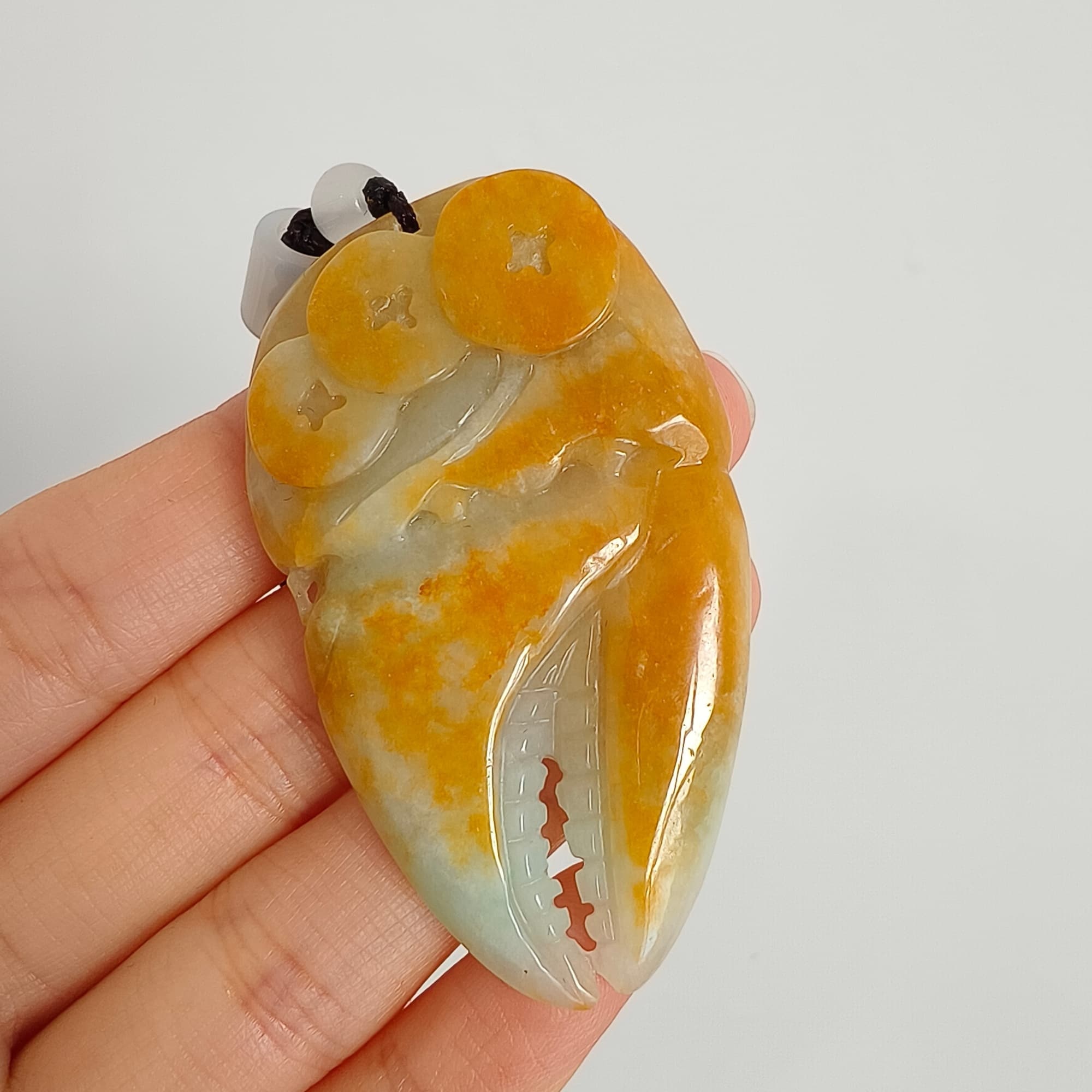 DDP 56.5mm Natural Certificated Yellow Green Burmese Jadeite Crab Claw Pendant With Archaic Coin Carved