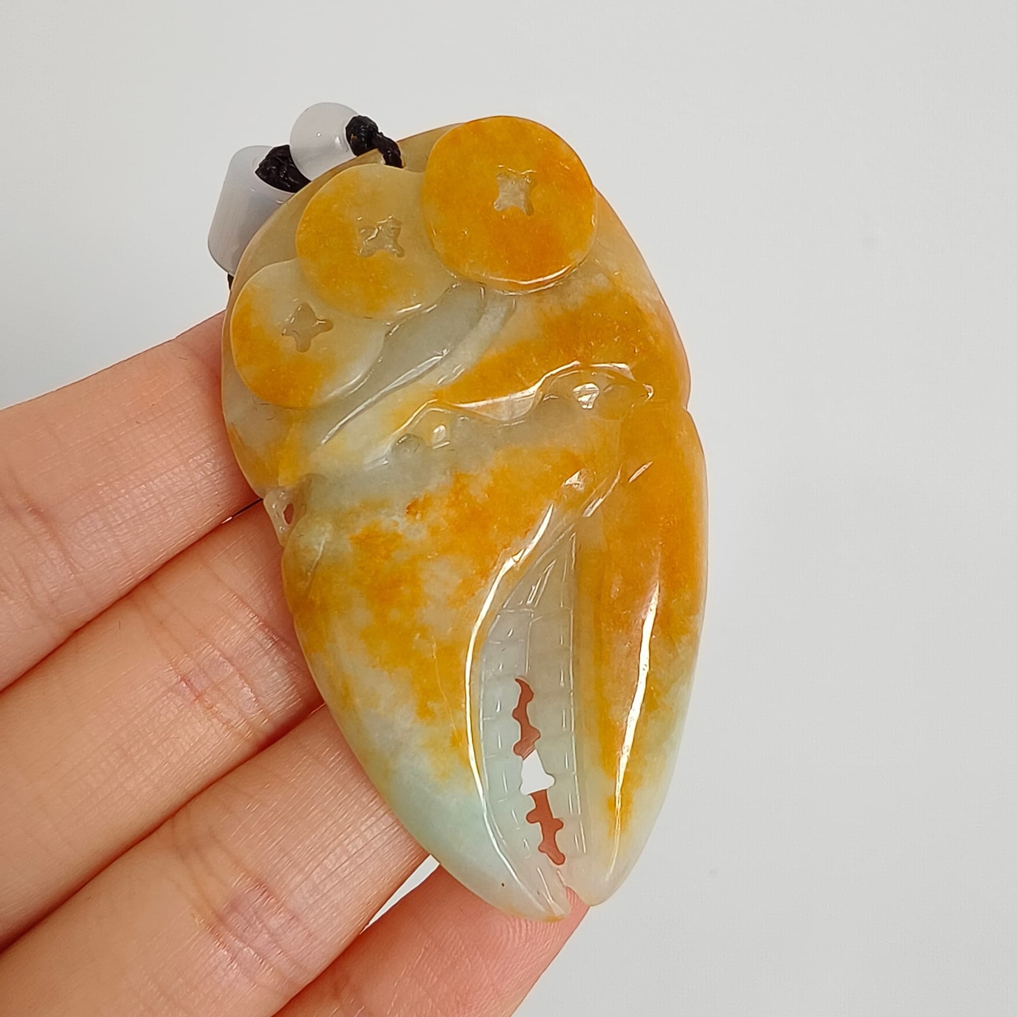 DDP 56.5mm Natural Certificated Yellow Green Burmese Jadeite Crab Claw Pendant With Archaic Coin Carved