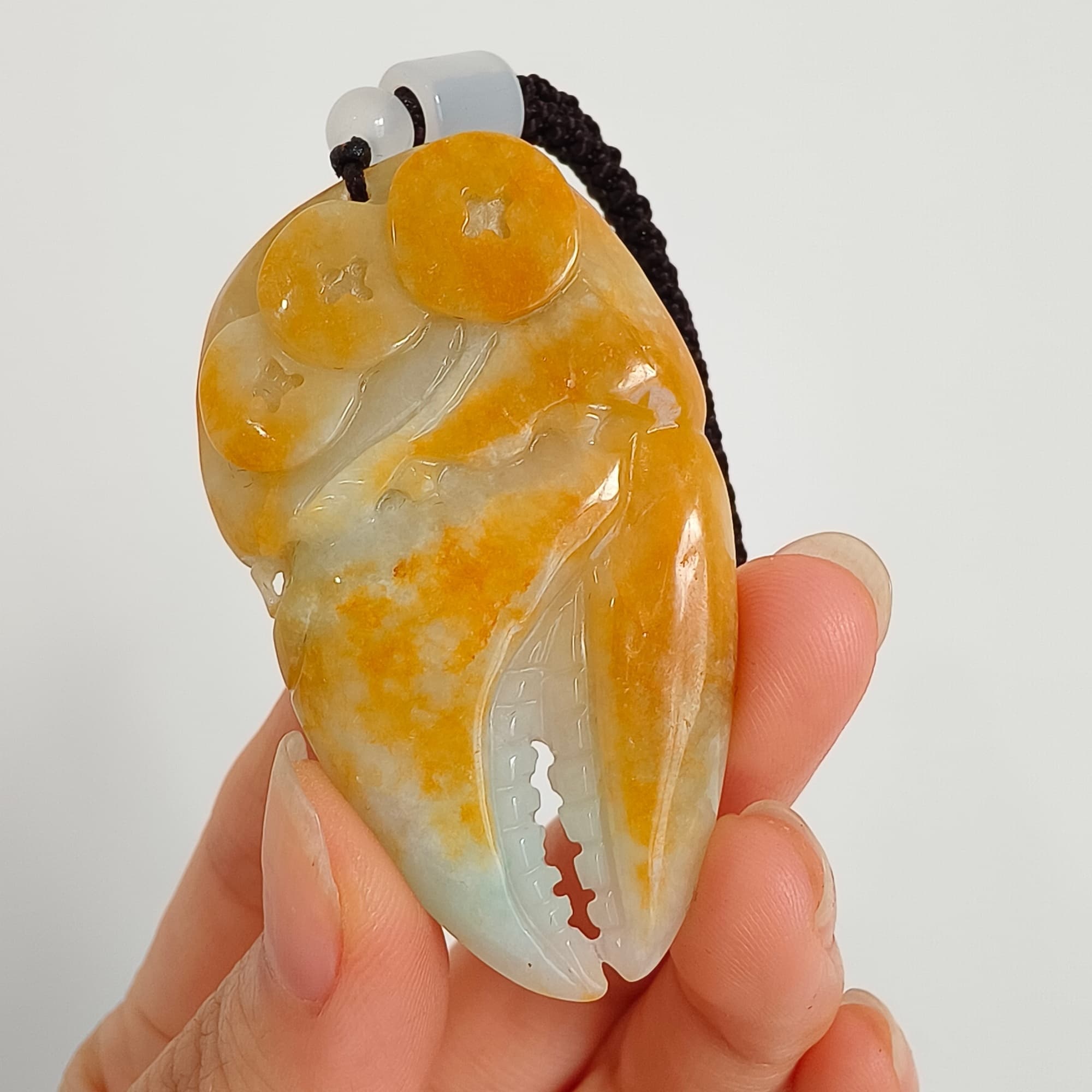 DDP 56.5mm Natural Certificated Yellow Green Burmese Jadeite Crab Claw Pendant With Archaic Coin Carved