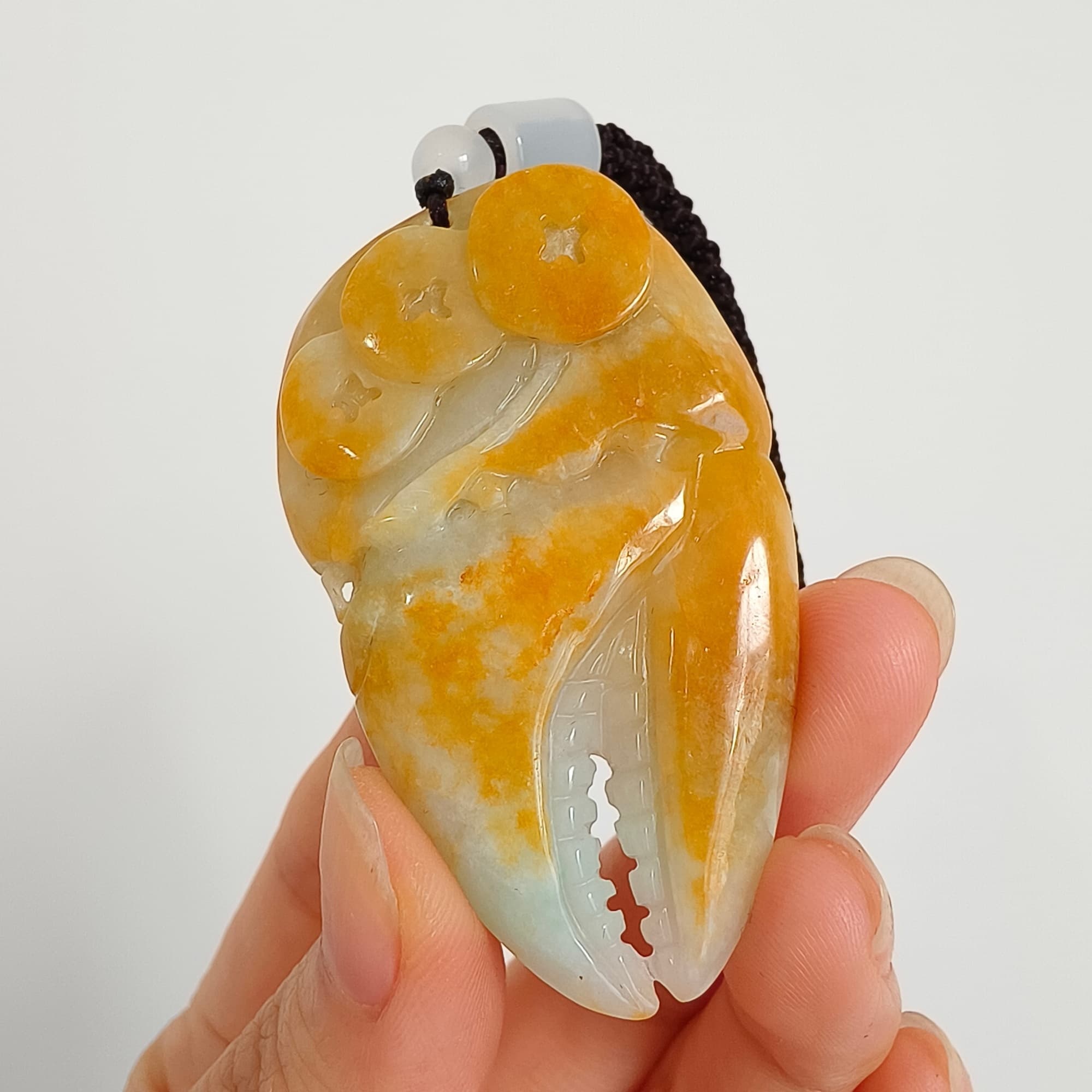 DDP 56.5mm Natural Certificated Yellow Green Burmese Jadeite Crab Claw Pendant With Archaic Coin Carved