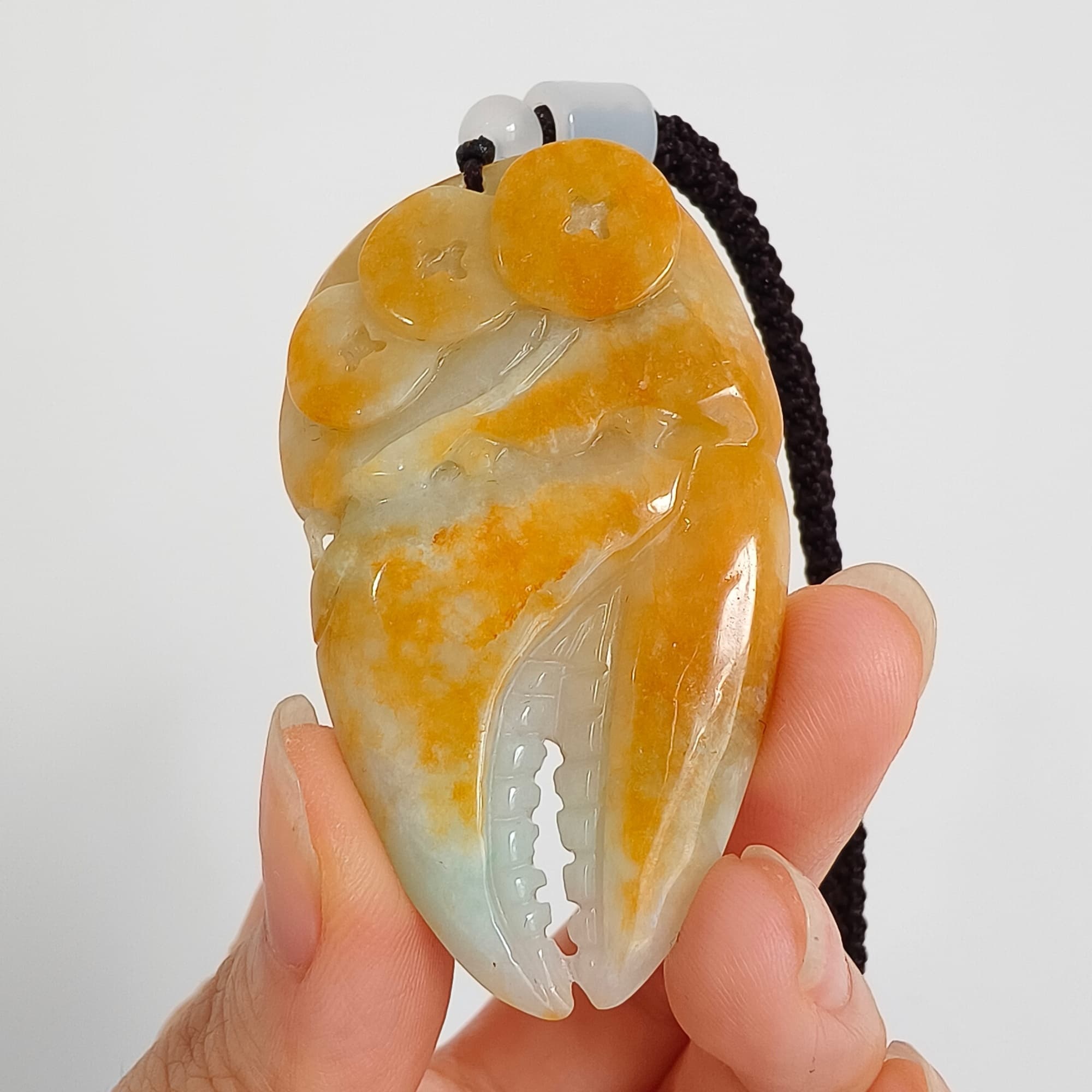 DDP 56.5mm Natural Certificated Yellow Green Burmese Jadeite Crab Claw Pendant With Archaic Coin Carved