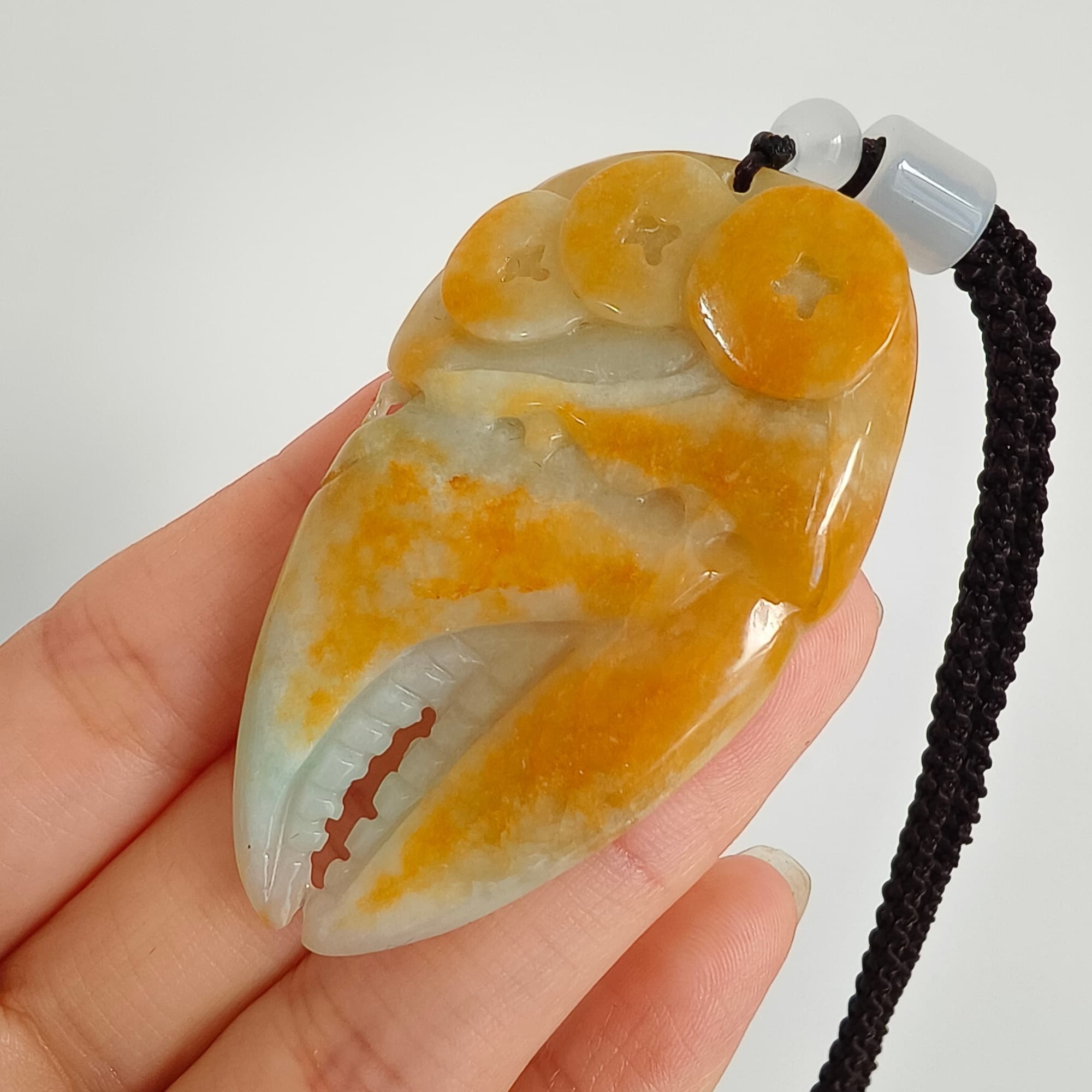 DDP 56.5mm Natural Certificated Yellow Green Burmese Jadeite Crab Claw Pendant With Archaic Coin Carved