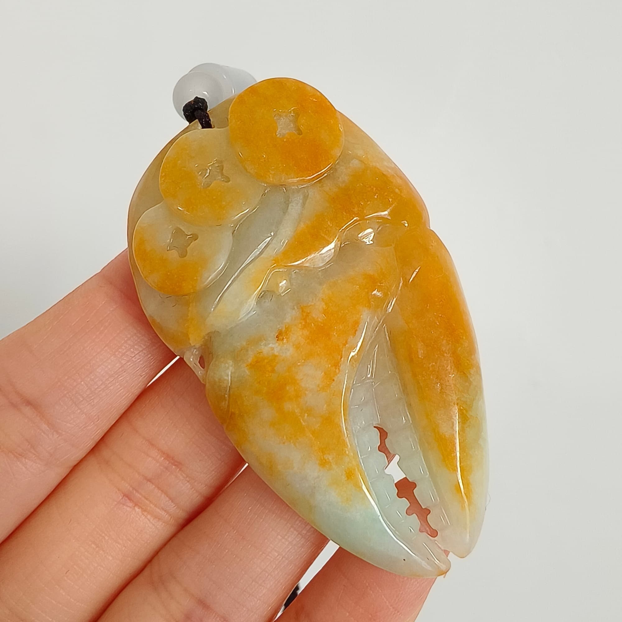 DDP 56.5mm Natural Certificated Yellow Green Burmese Jadeite Crab Claw Pendant With Archaic Coin Carved
