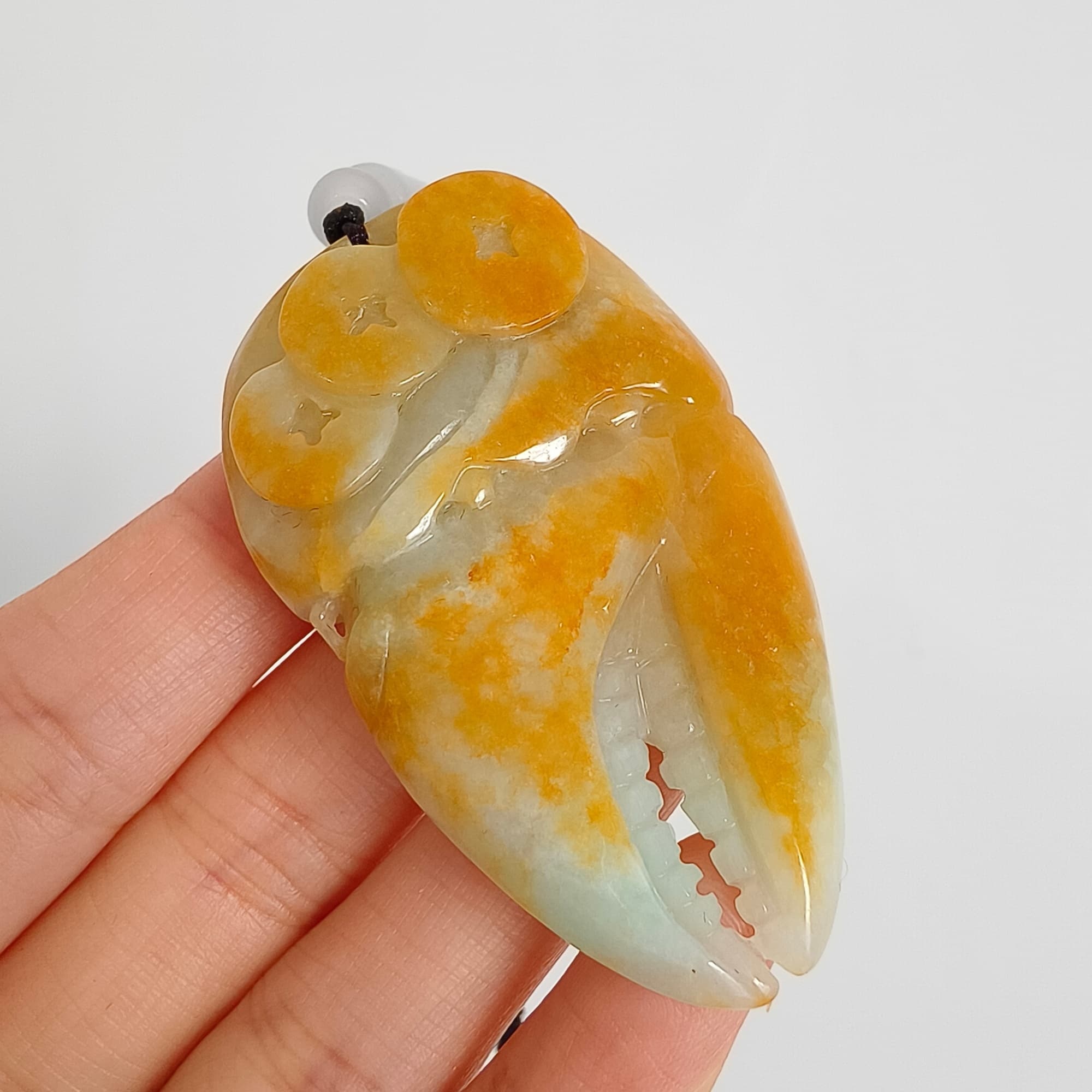 DDP 56.5mm Natural Certificated Yellow Green Burmese Jadeite Crab Claw Pendant With Archaic Coin Carved