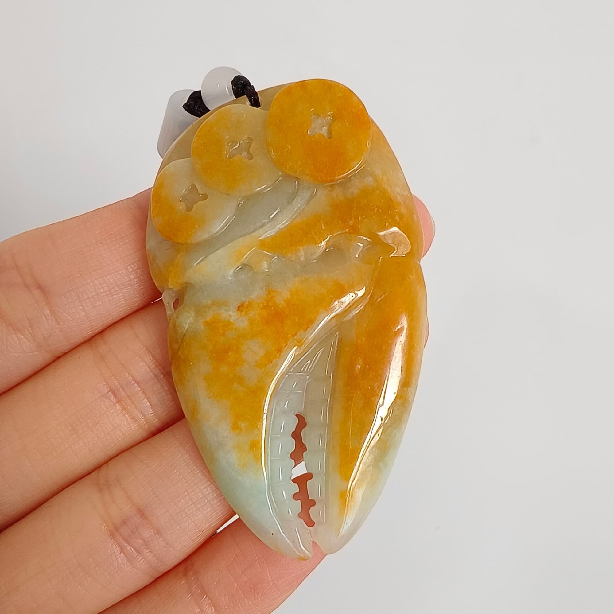 DDP 56.5mm Natural Certificated Yellow Green Burmese Jadeite Crab Claw Pendant With Archaic Coin Carved