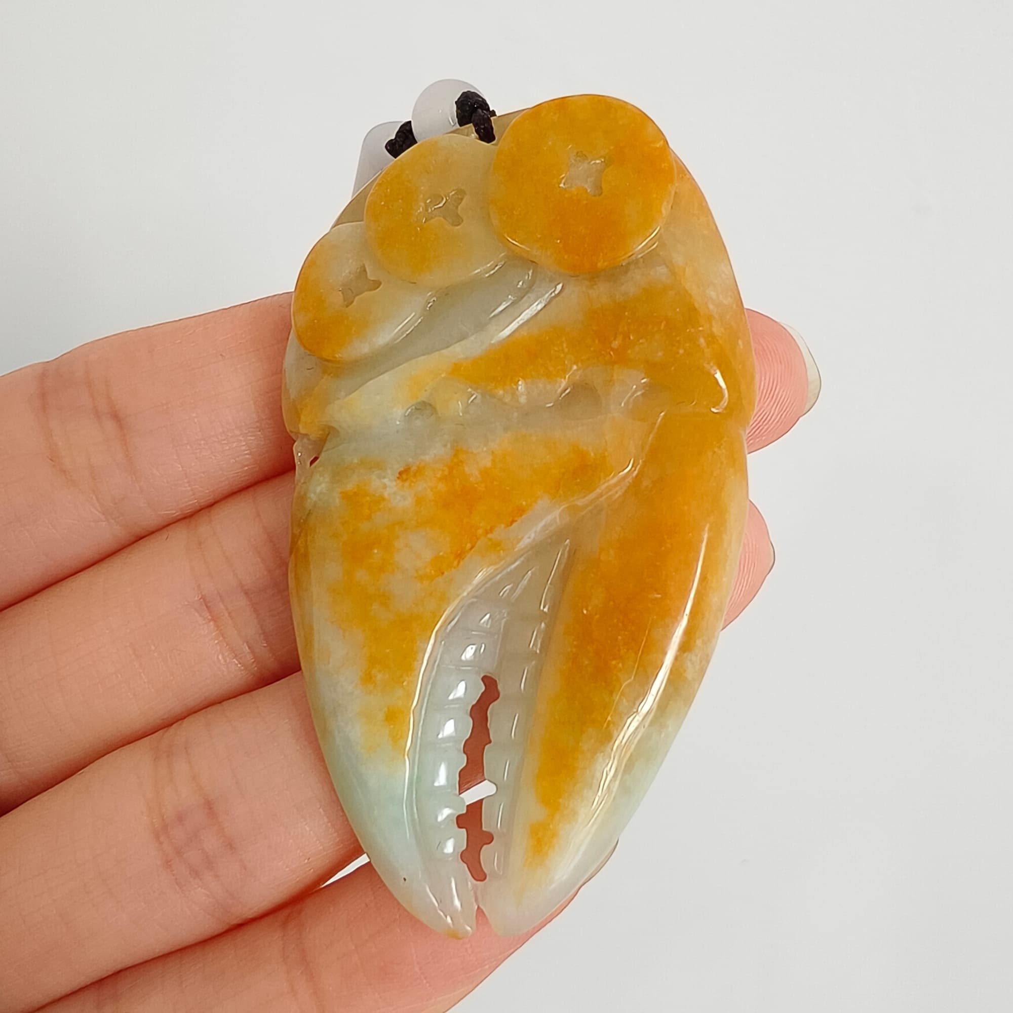 DDP 56.5mm Natural Certificated Yellow Green Burmese Jadeite Crab Claw Pendant With Archaic Coin Carved
