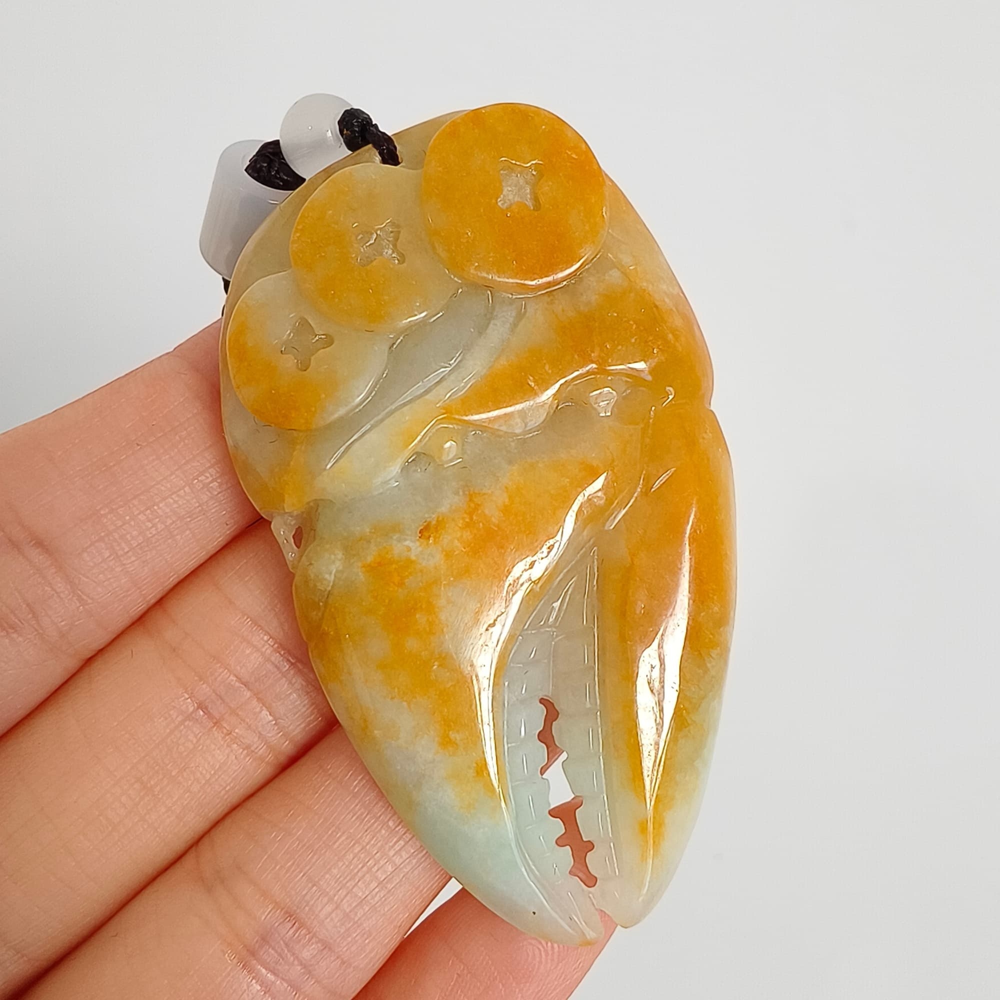 DDP 56.5mm Natural Certificated Yellow Green Burmese Jadeite Crab Claw Pendant With Archaic Coin Carved