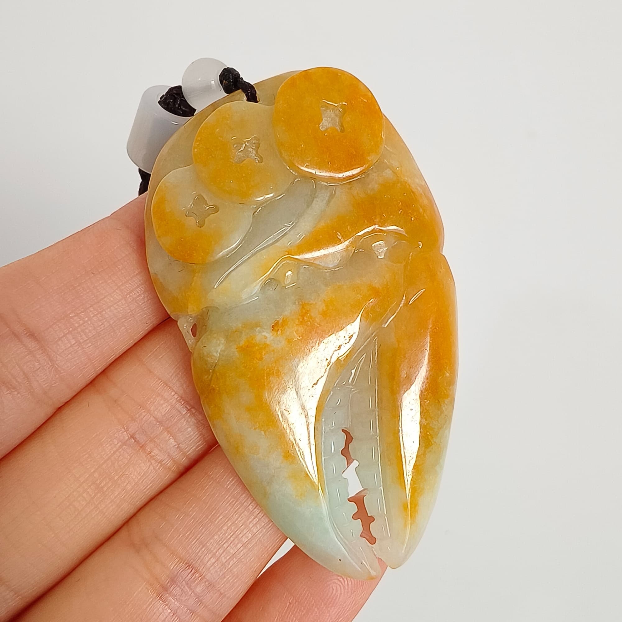 DDP 56.5mm Natural Certificated Yellow Green Burmese Jadeite Crab Claw Pendant With Archaic Coin Carved