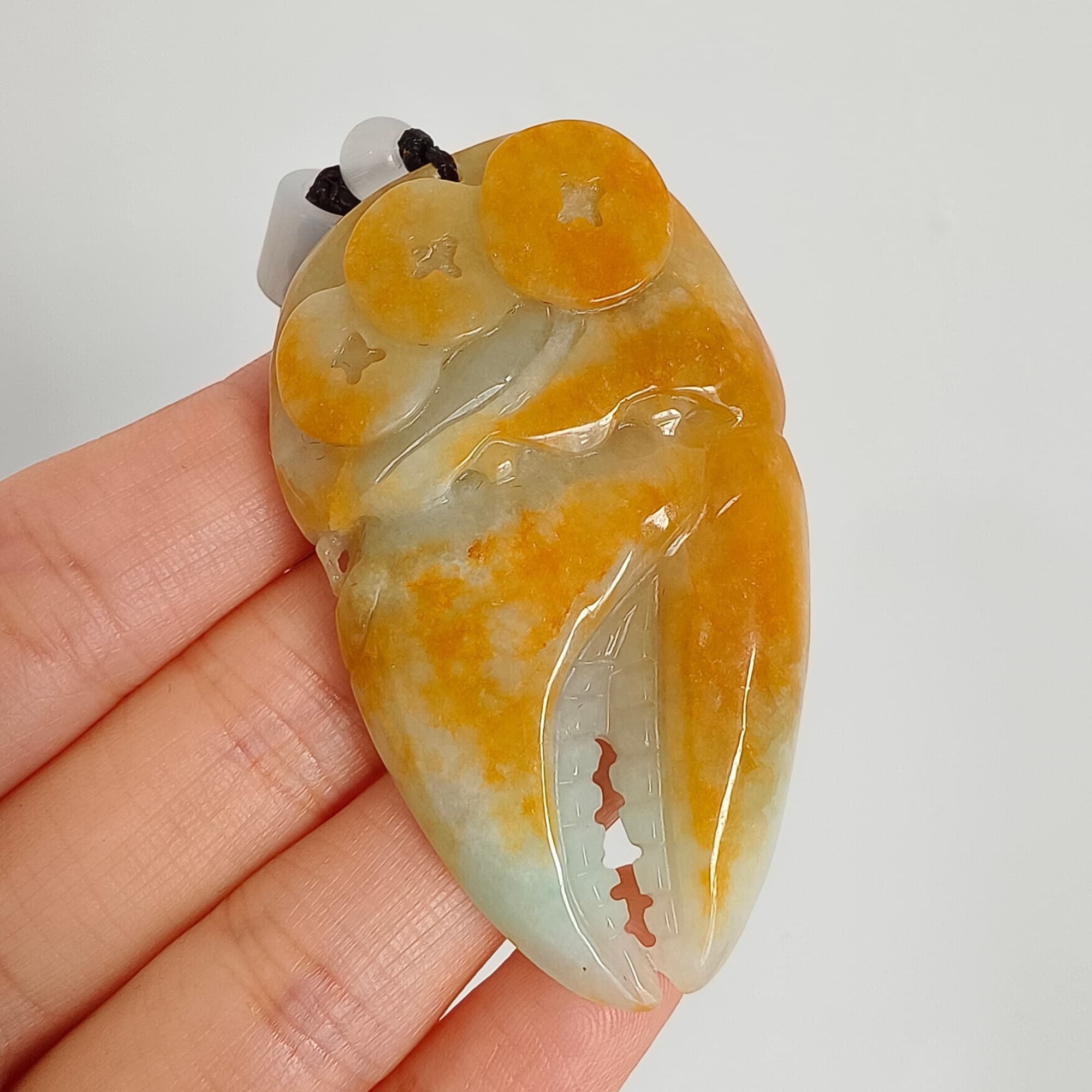 DDP 56.5mm Natural Certificated Yellow Green Burmese Jadeite Crab Claw Pendant With Archaic Coin Carved