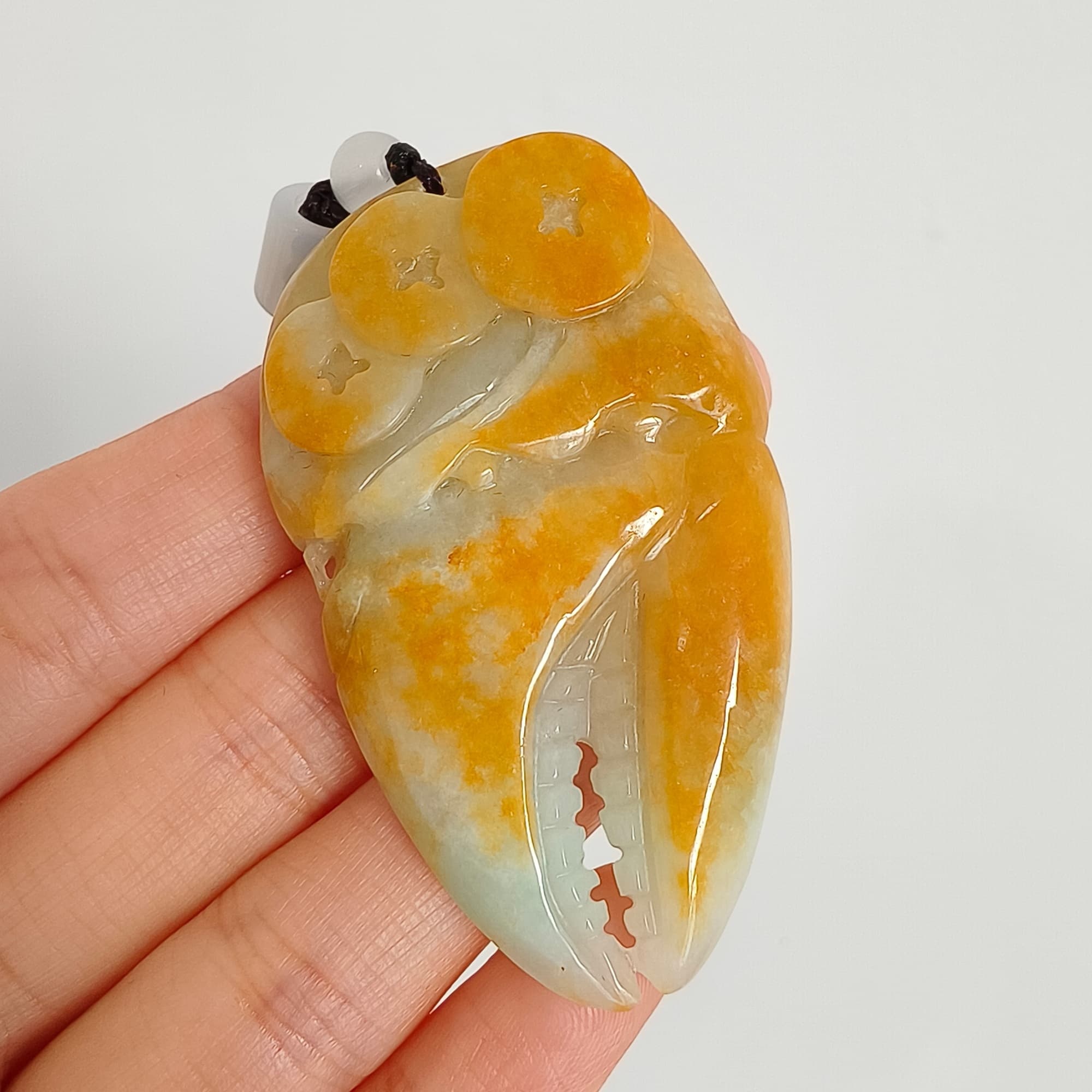 DDP 56.5mm Natural Certificated Yellow Green Burmese Jadeite Crab Claw Pendant With Archaic Coin Carved