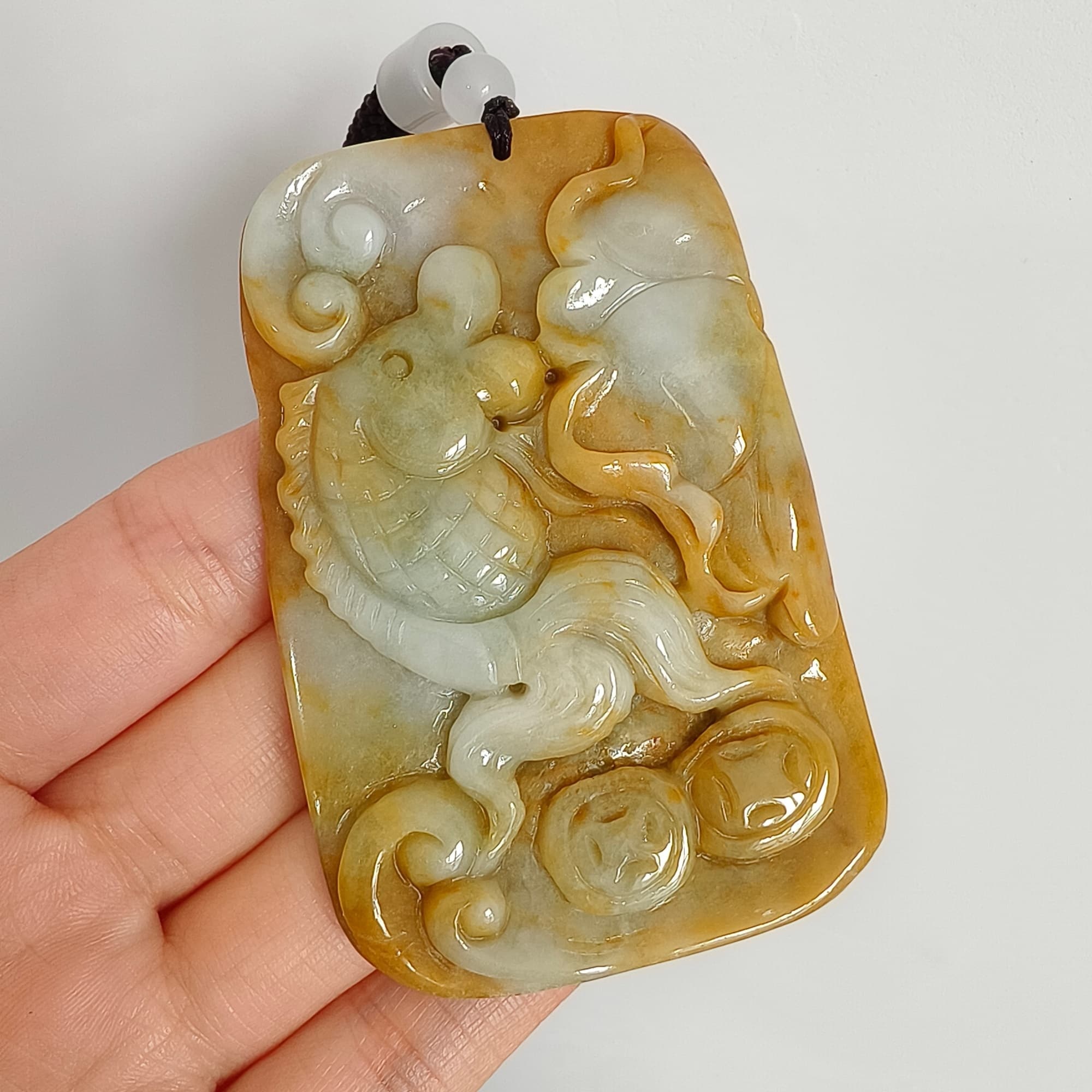 DDP 69mm Natural Certificated Yellow White Burmese Jadeite Rectangle Pendant With Fish And Lotus Leaf  Carved