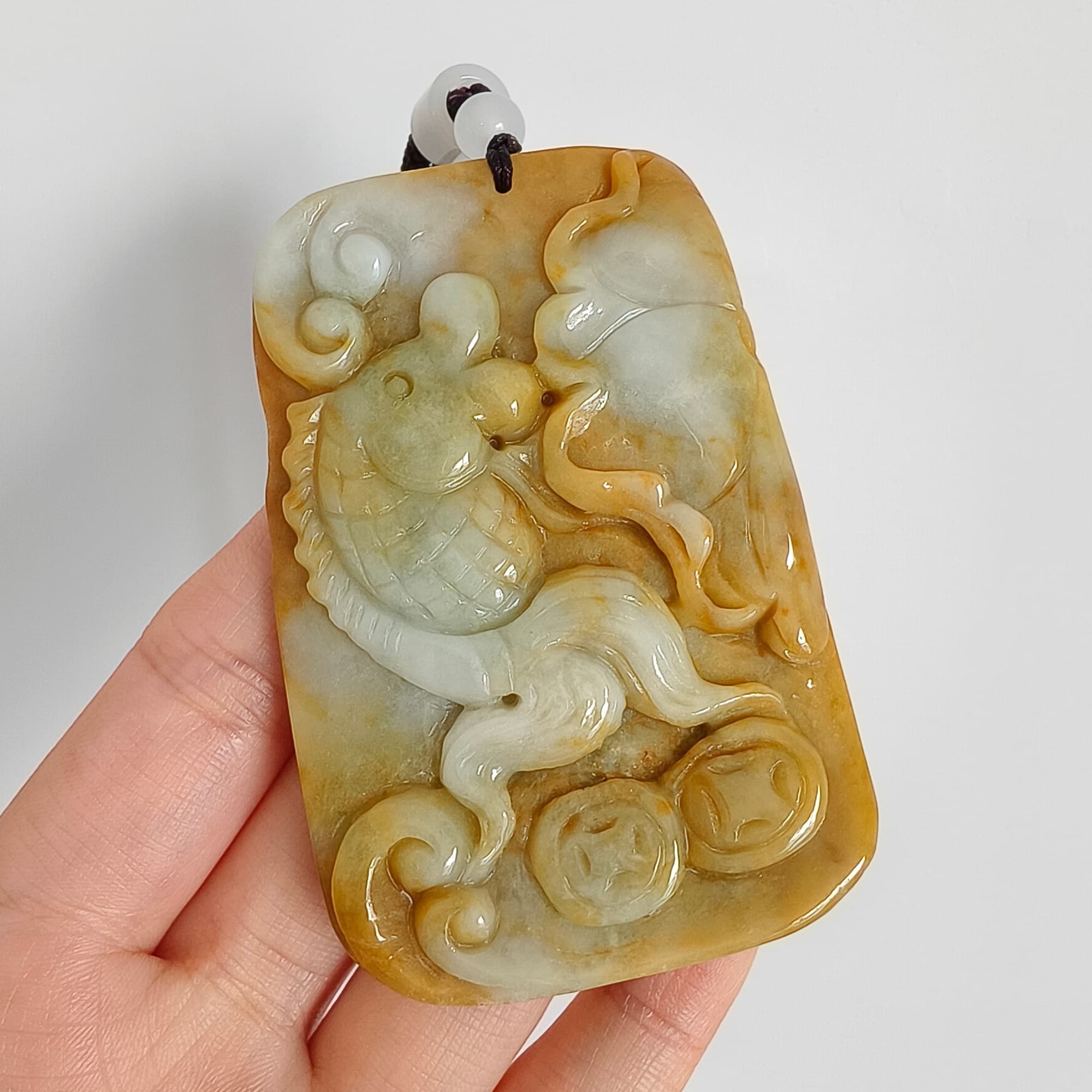 DDP 69mm Natural Certificated Yellow White Burmese Jadeite Rectangle Pendant With Fish And Lotus Leaf  Carved