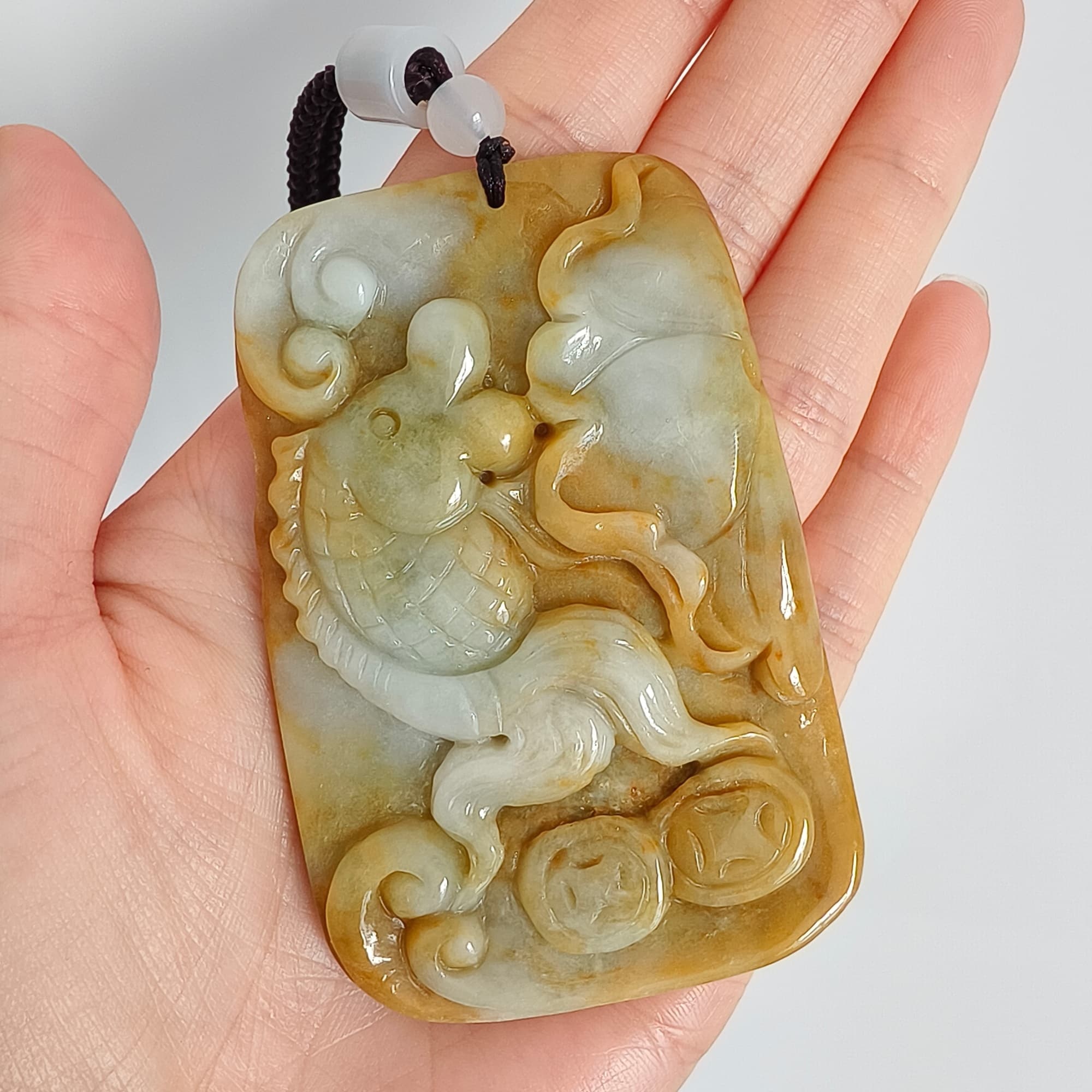 DDP 69mm Natural Certificated Yellow White Burmese Jadeite Rectangle Pendant With Fish And Lotus Leaf  Carved