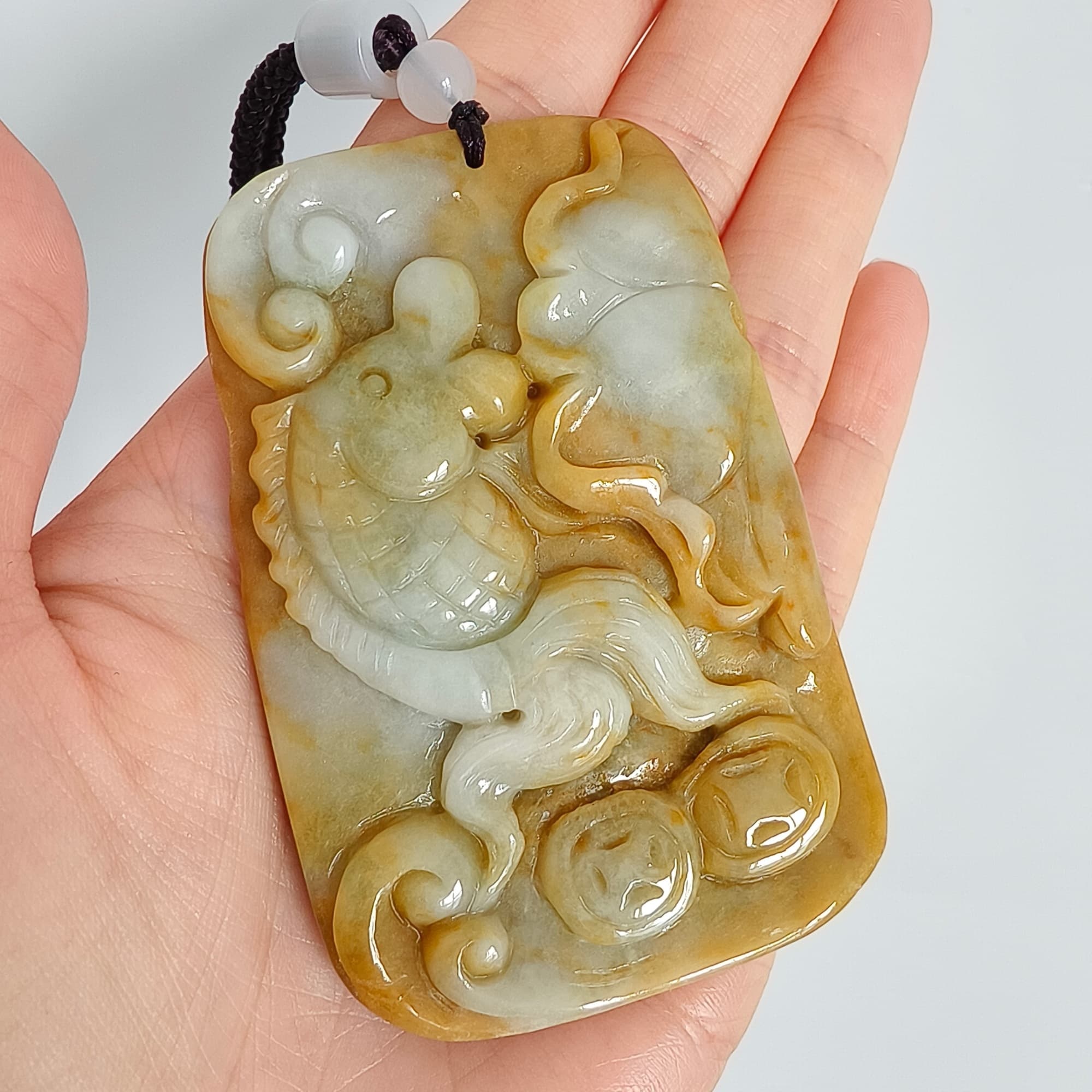 DDP 69mm Natural Certificated Yellow White Burmese Jadeite Rectangle Pendant With Fish And Lotus Leaf  Carved