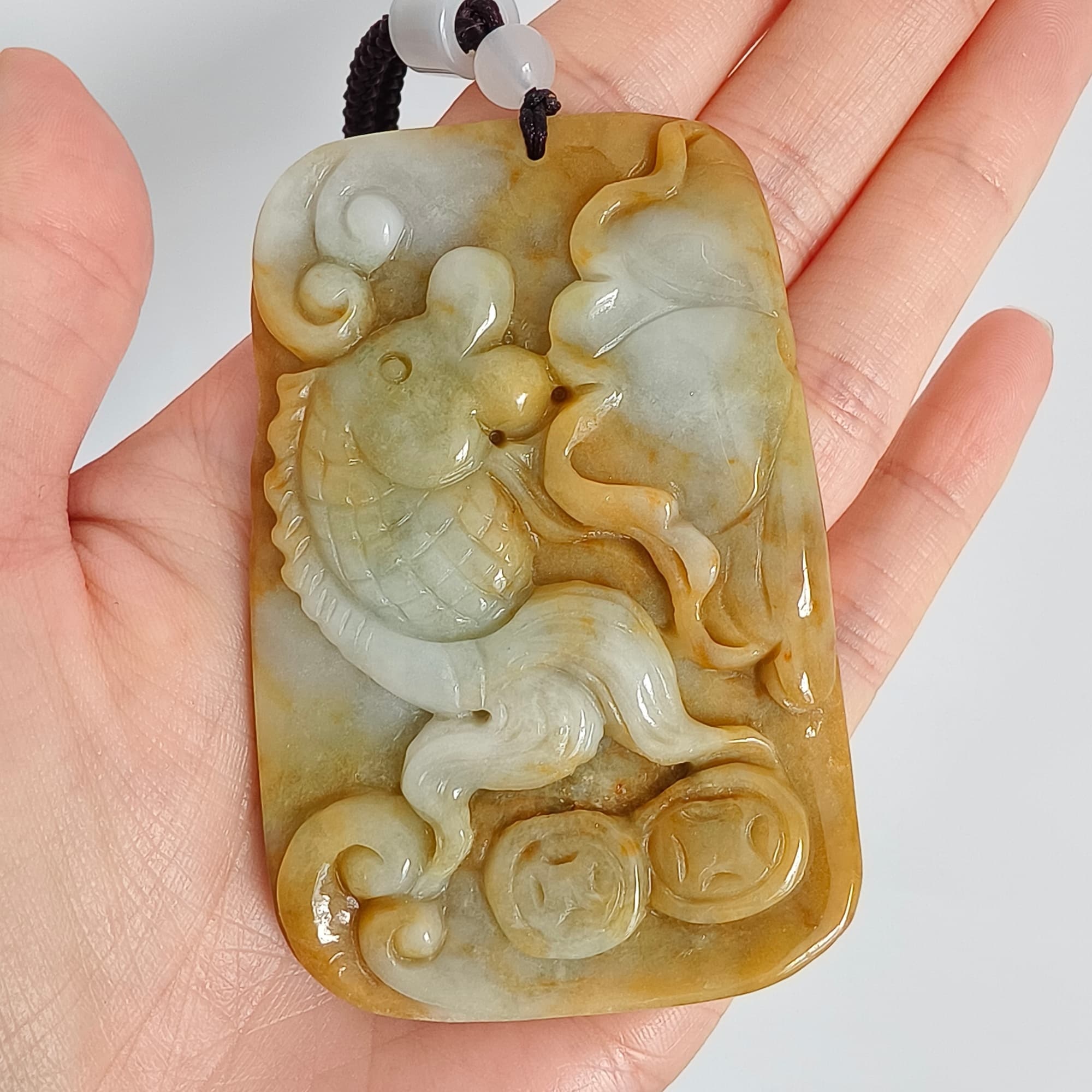 DDP 69mm Natural Certificated Yellow White Burmese Jadeite Rectangle Pendant With Fish And Lotus Leaf  Carved