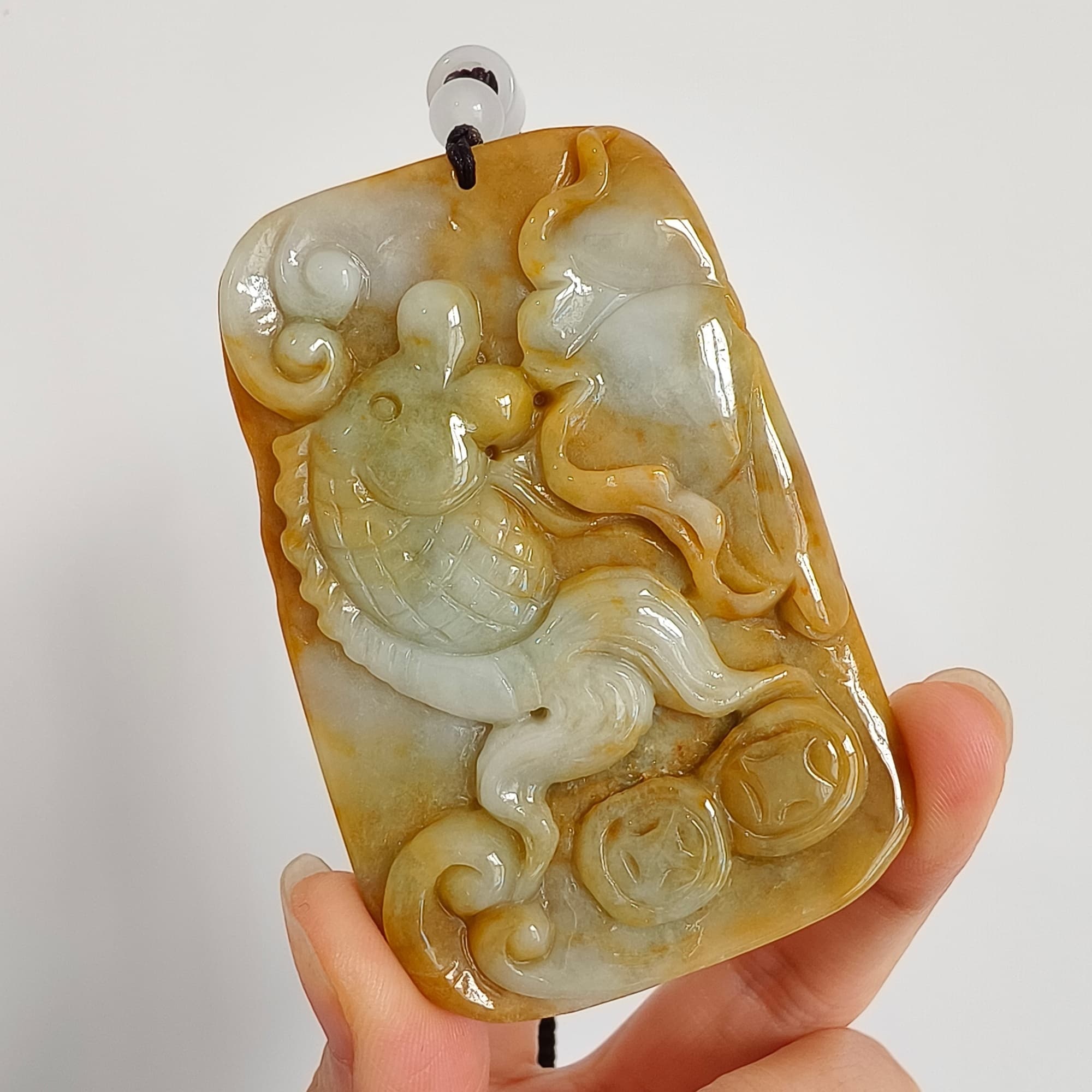 DDP 69mm Natural Certificated Yellow White Burmese Jadeite Rectangle Pendant With Fish And Lotus Leaf  Carved
