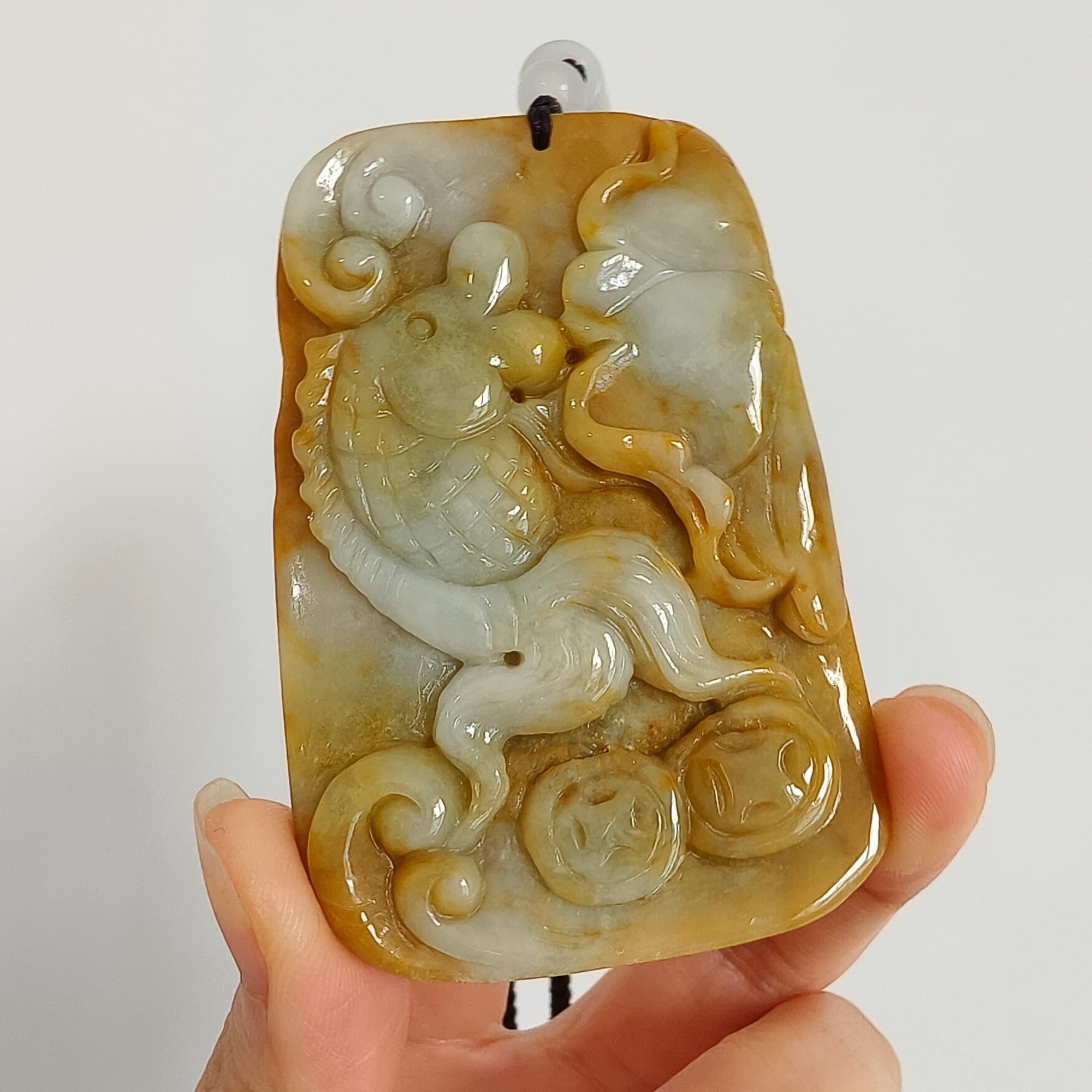 DDP 69mm Natural Certificated Yellow White Burmese Jadeite Rectangle Pendant With Fish And Lotus Leaf  Carved