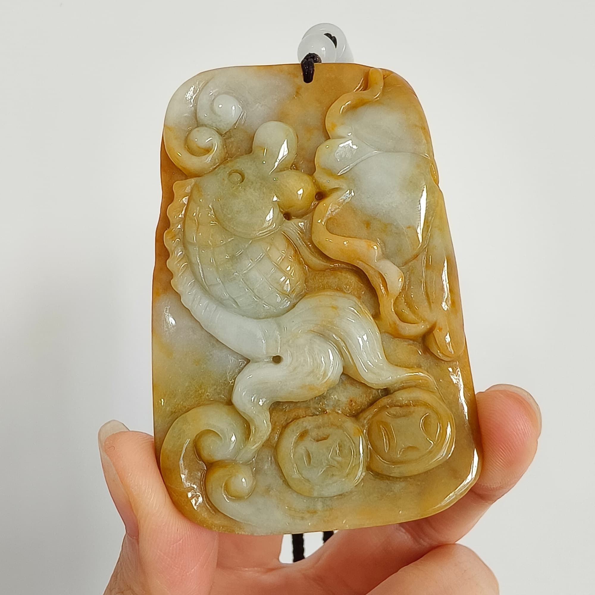 DDP 69mm Natural Certificated Yellow White Burmese Jadeite Rectangle Pendant With Fish And Lotus Leaf  Carved