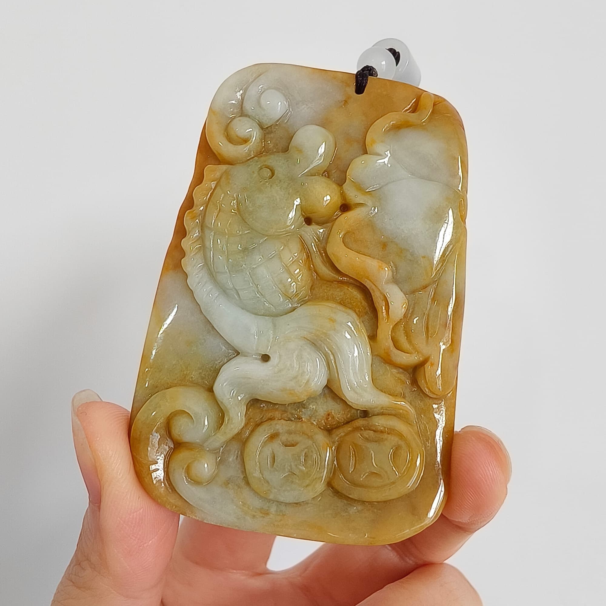 DDP 69mm Natural Certificated Yellow White Burmese Jadeite Rectangle Pendant With Fish And Lotus Leaf  Carved