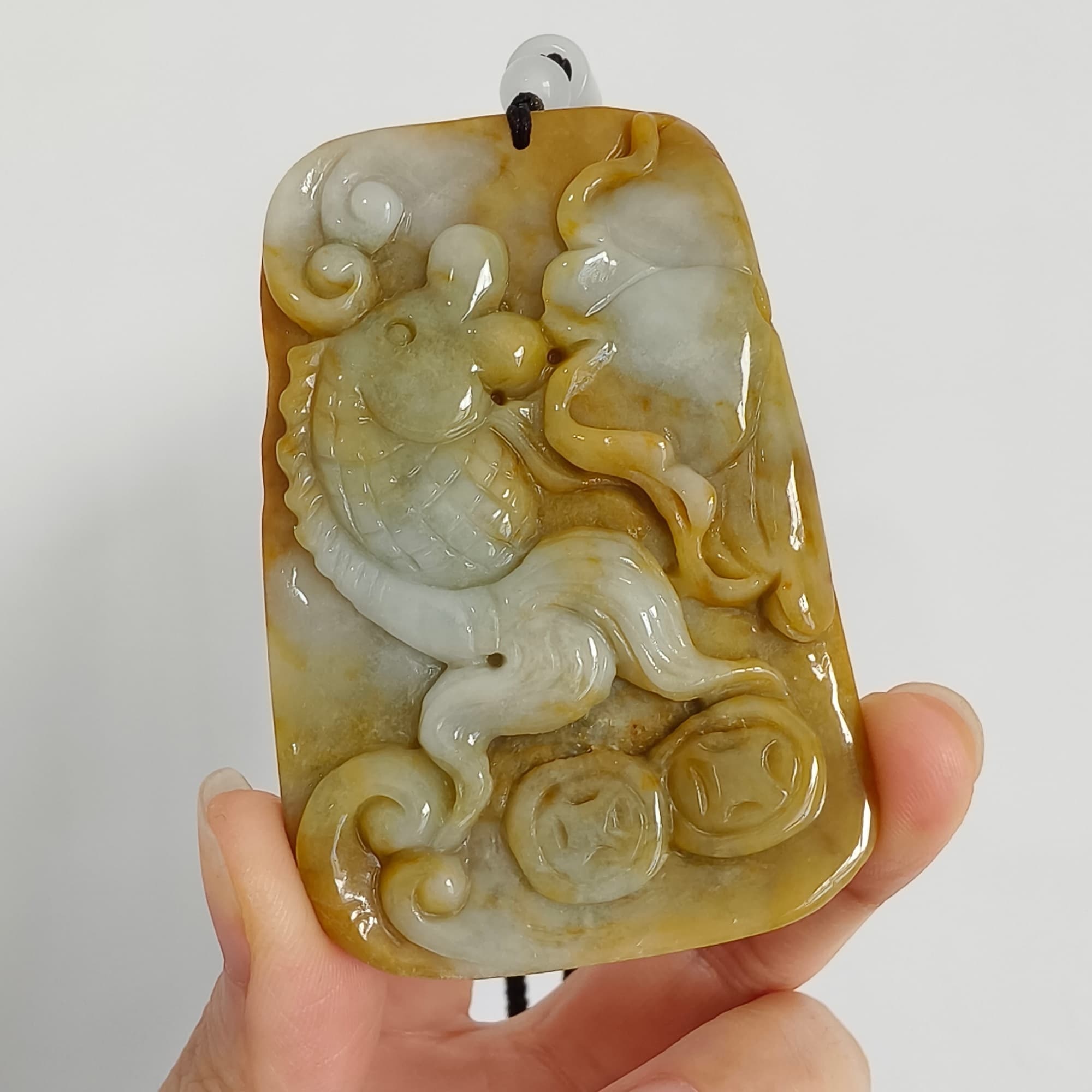 DDP 69mm Natural Certificated Yellow White Burmese Jadeite Rectangle Pendant With Fish And Lotus Leaf  Carved