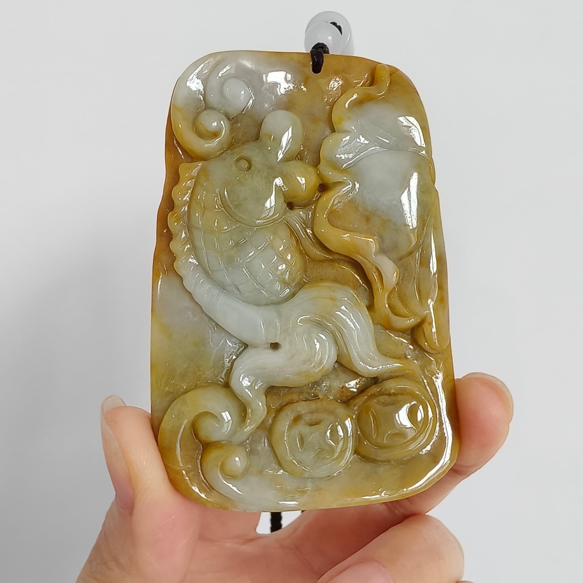 DDP 69mm Natural Certificated Yellow White Burmese Jadeite Rectangle Pendant With Fish And Lotus Leaf  Carved