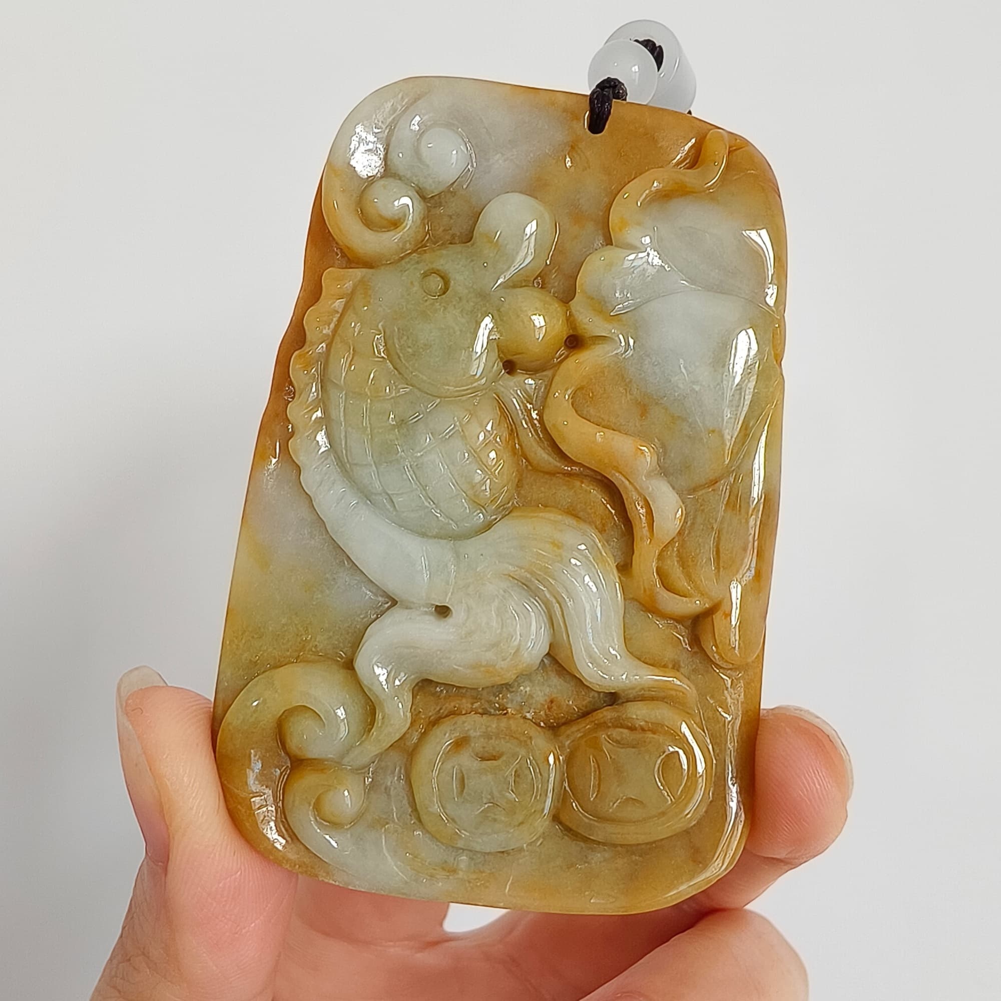 DDP 69mm Natural Certificated Yellow White Burmese Jadeite Rectangle Pendant With Fish And Lotus Leaf  Carved