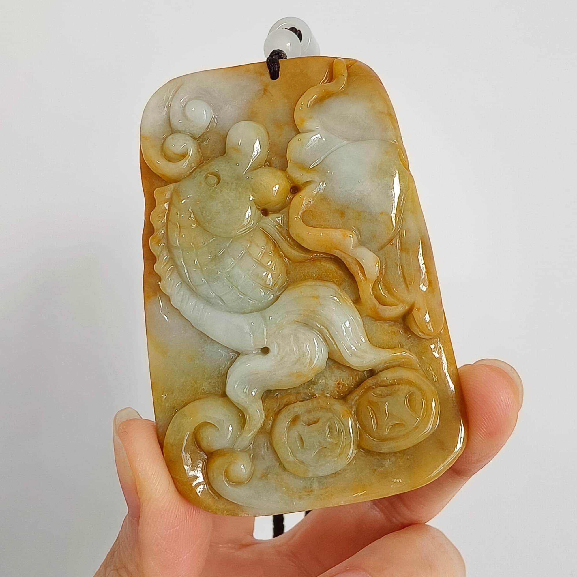 DDP 69mm Natural Certificated Yellow White Burmese Jadeite Rectangle Pendant With Fish And Lotus Leaf  Carved