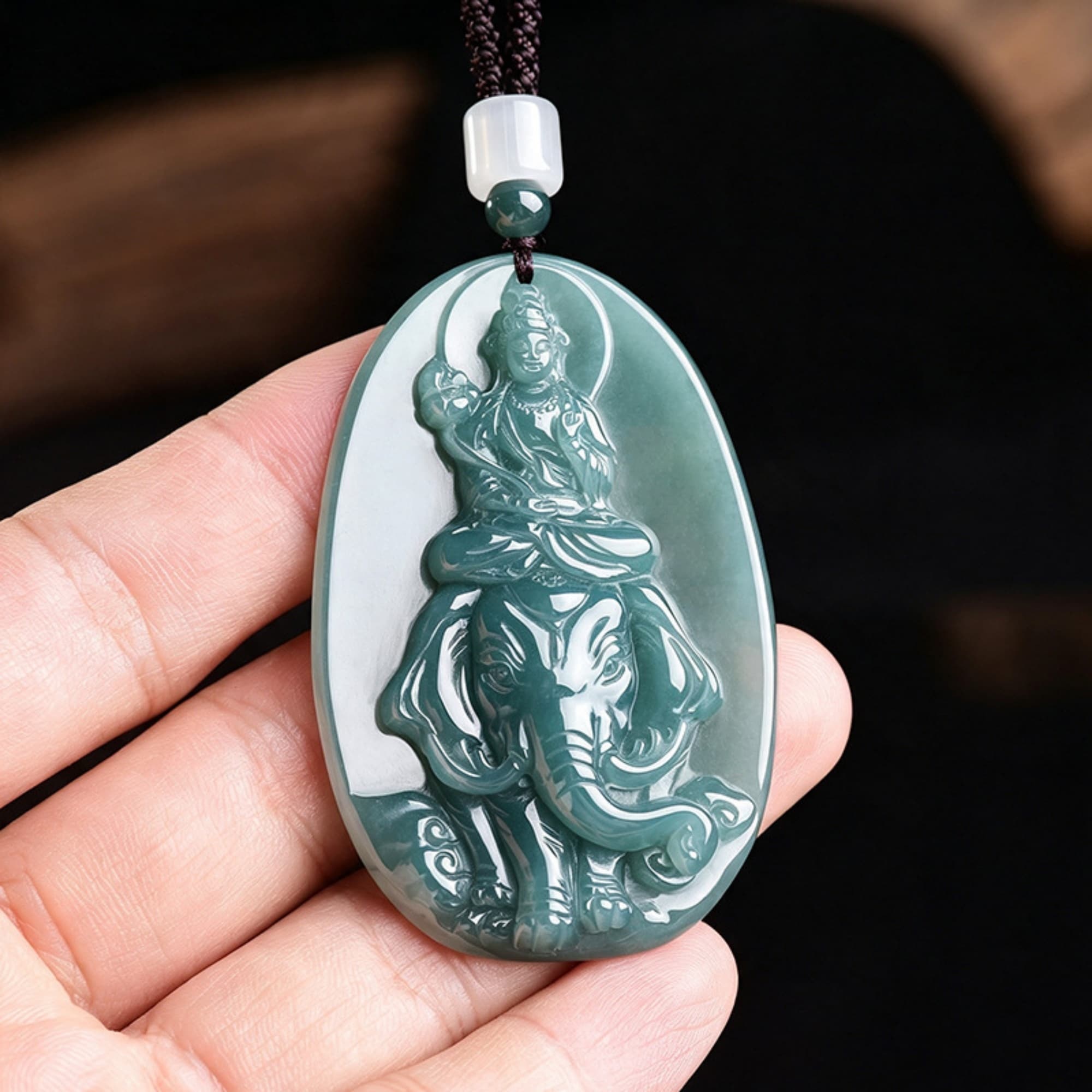 DDP 61mm Natural Certificated Type A Untreated Blue Watery Guatemalan Jadeite Oval Pendant With Bodhisattva And Elephant Carved