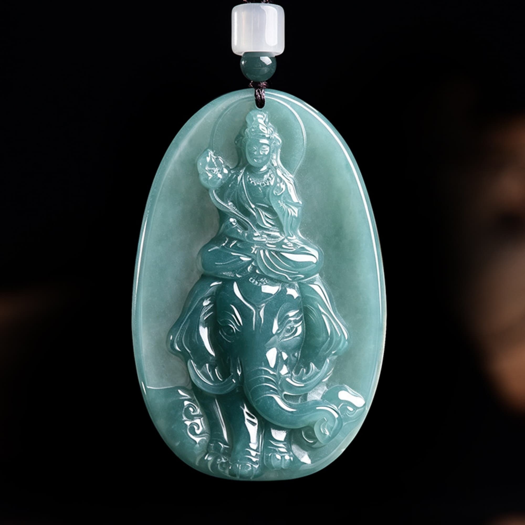 DDP 61mm Natural Certificated Type A Untreated Blue Watery Guatemalan Jadeite Oval Pendant With Bodhisattva And Elephant Carved