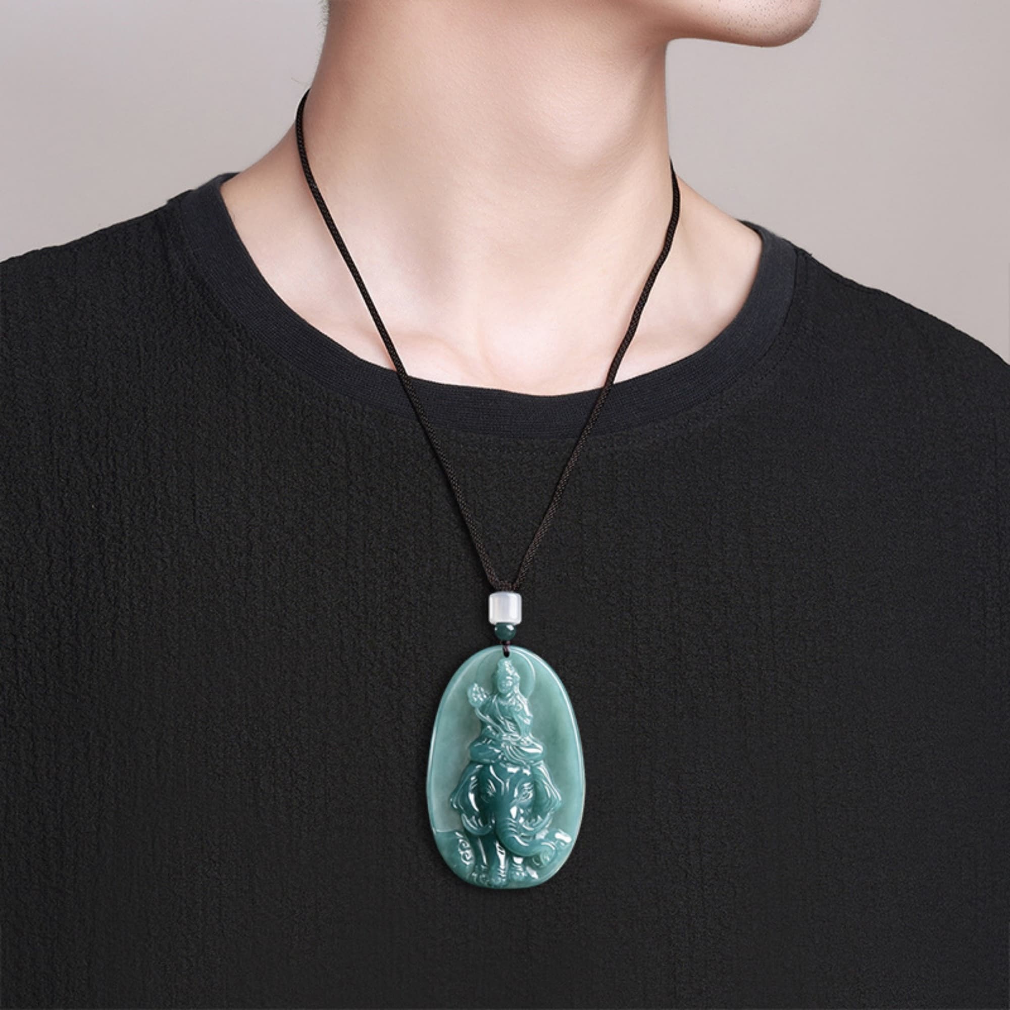 DDP 61mm Natural Certificated Type A Untreated Blue Watery Guatemalan Jadeite Oval Pendant With Bodhisattva And Elephant Carved