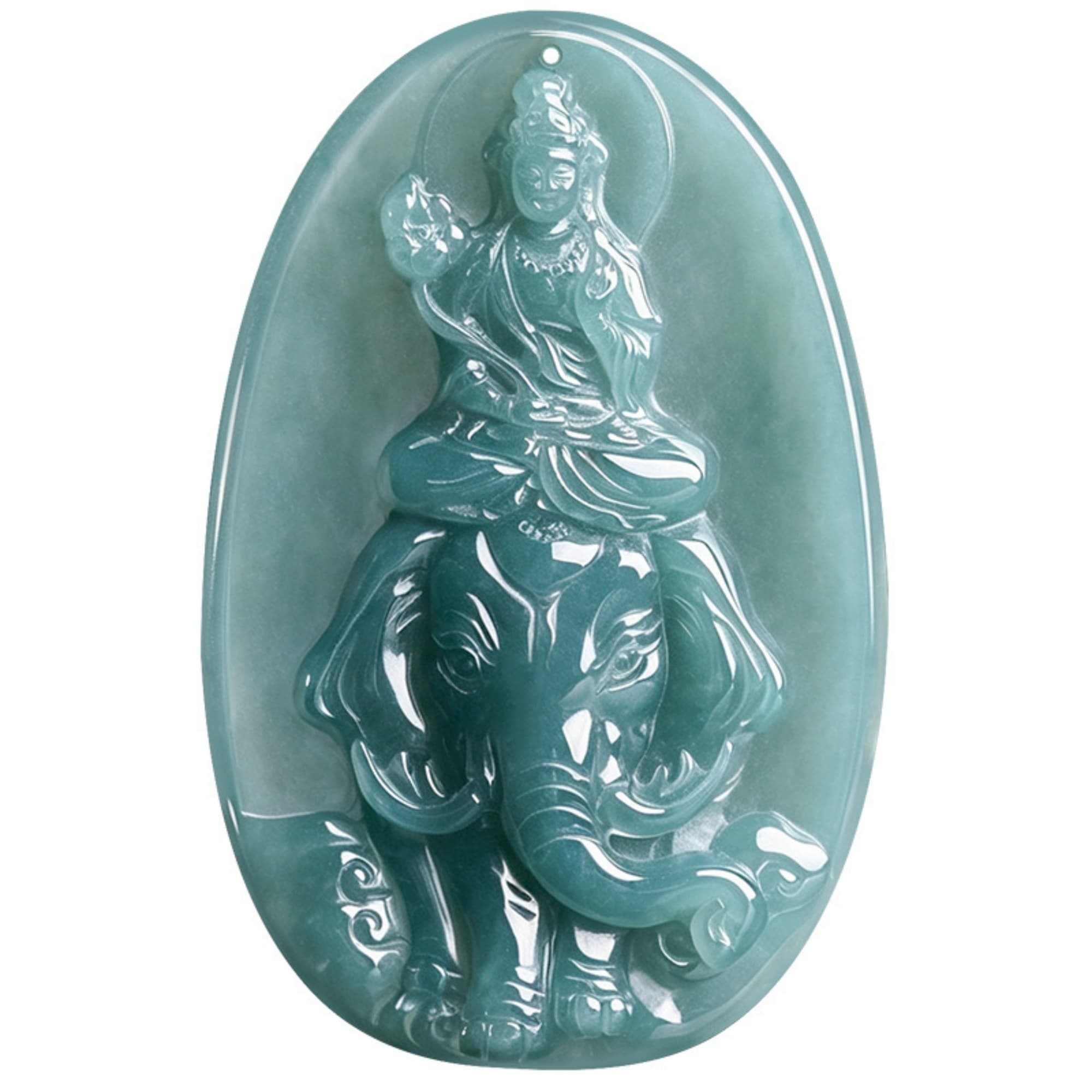 DDP 61mm Natural Certificated Type A Untreated Blue Watery Guatemalan Jadeite Oval Pendant With Bodhisattva And Elephant Carved