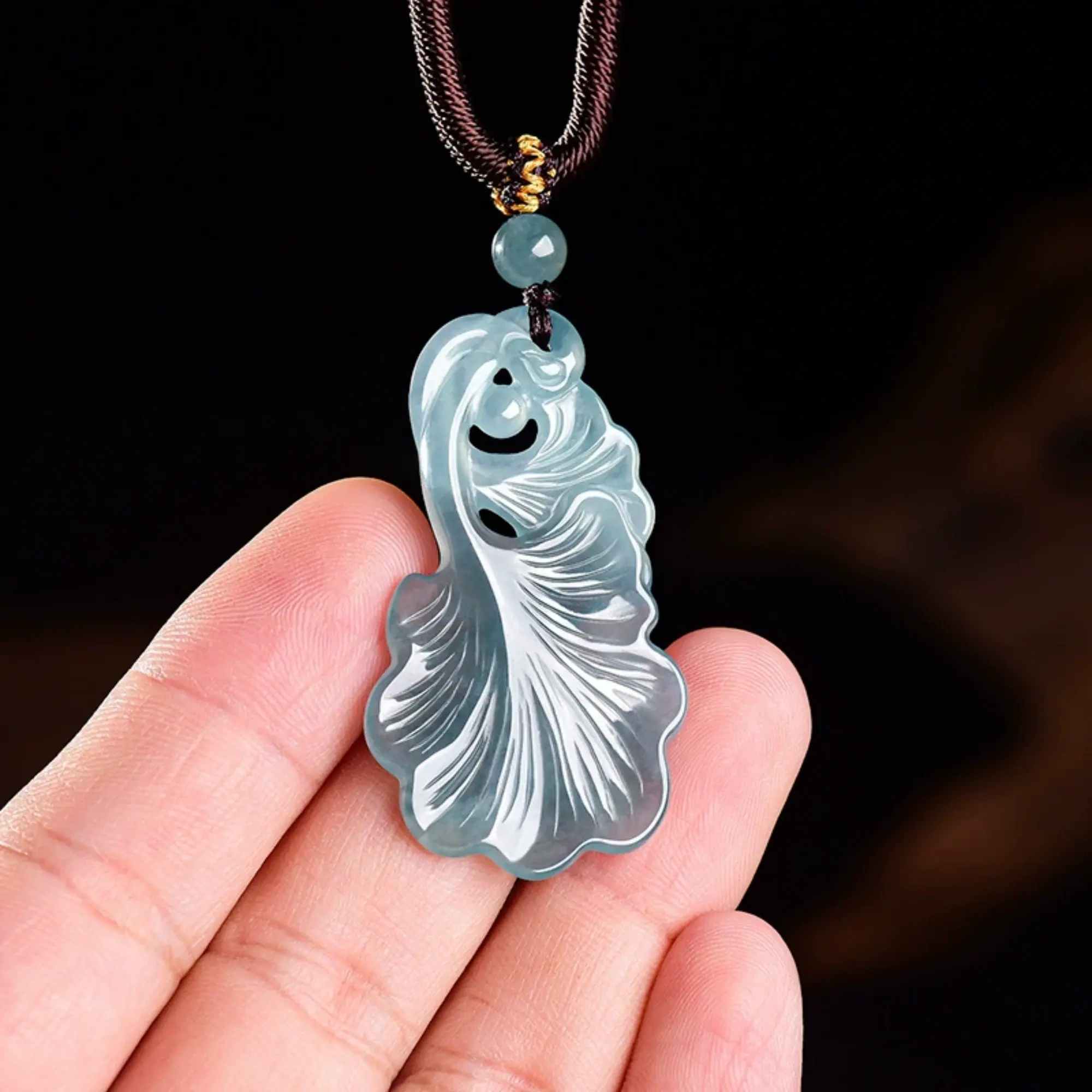 DDP 48mm Natural Certificated Type A Untreated Icy Blue Watery Guatemalan Jadeite Ginkgo Leaf Pendant