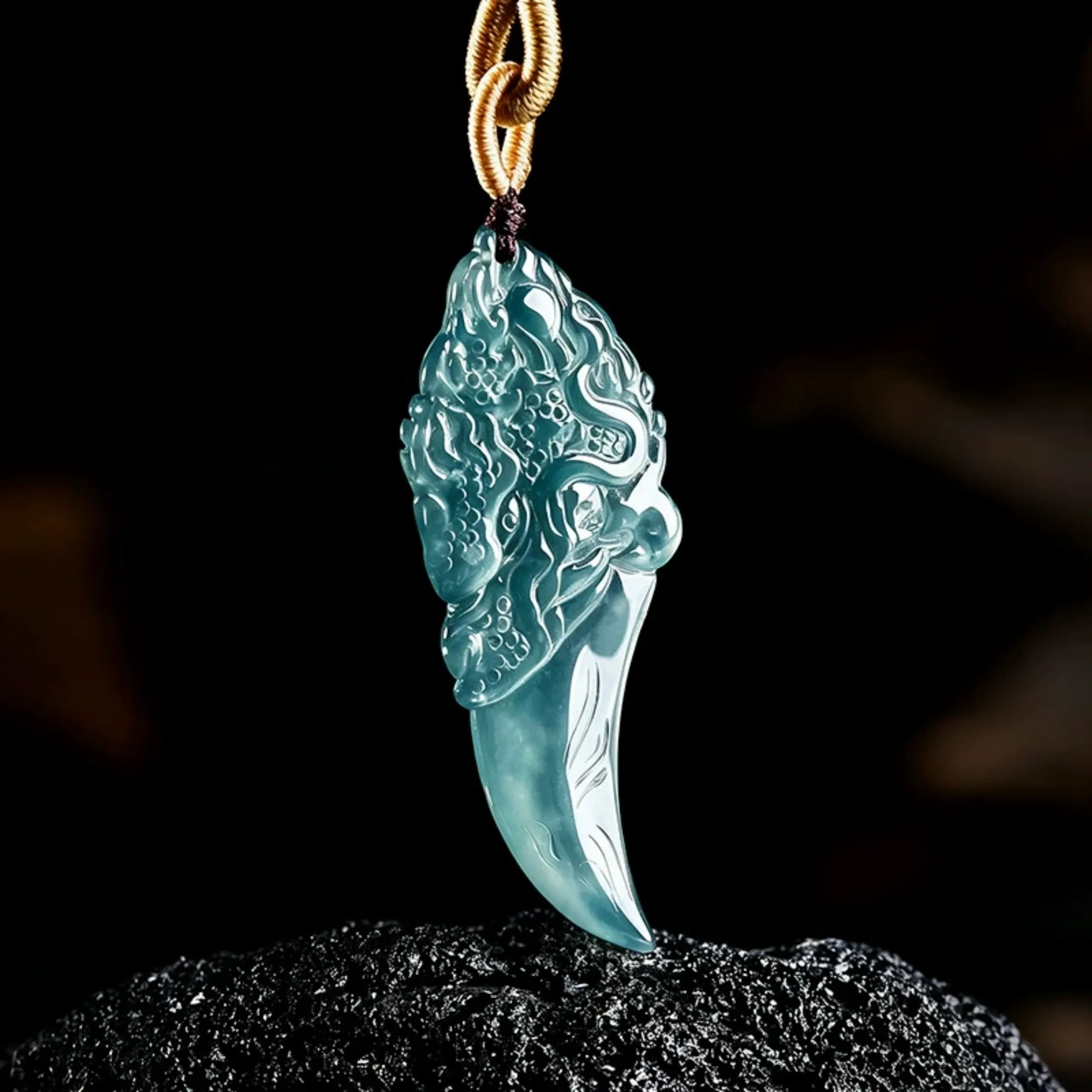 DDP 53mm Natural Certificated Type A Untreated Icy Blue Watery Guatemalan Jadeite Archaic Style Dragon Dagger Pendant