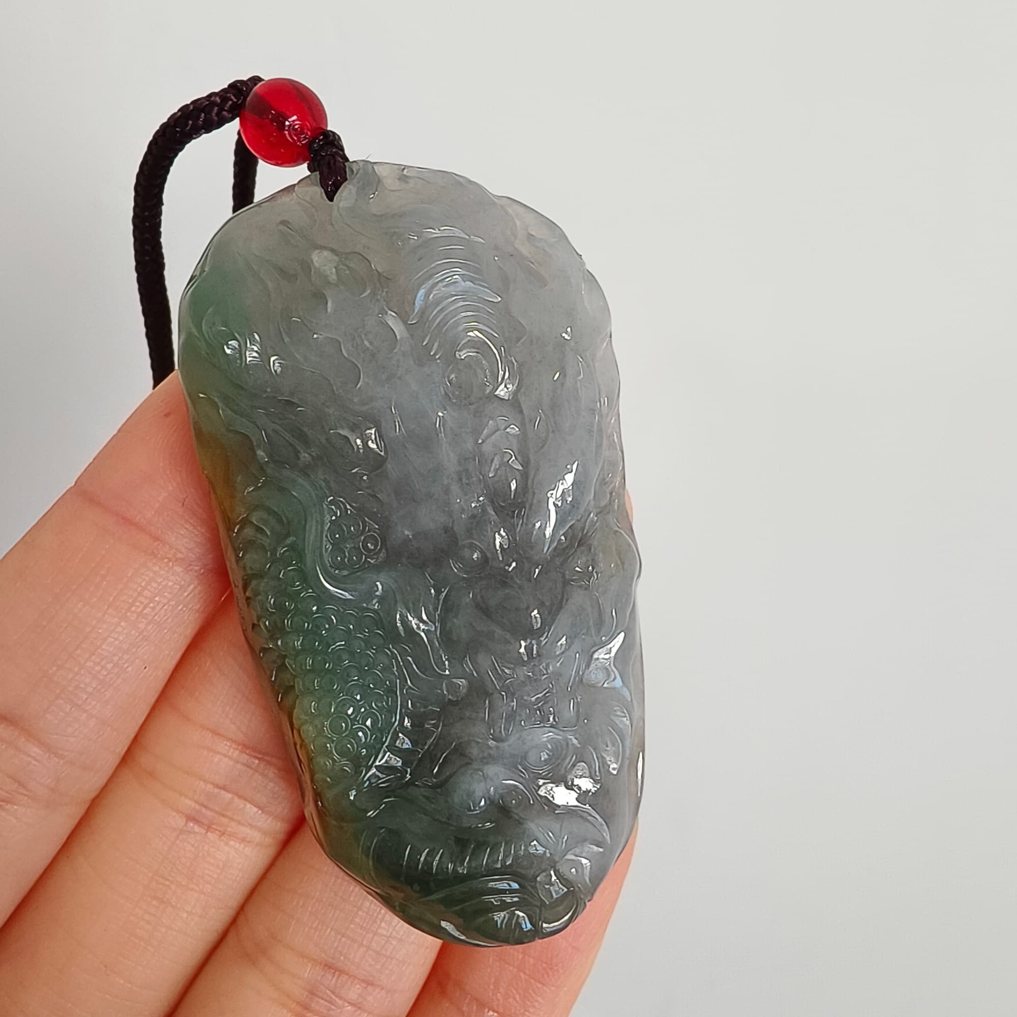 DDP 55mm Natural Certificated Icy Blue Yellow Gray Guatemalan Jadeite Dragon Pendant