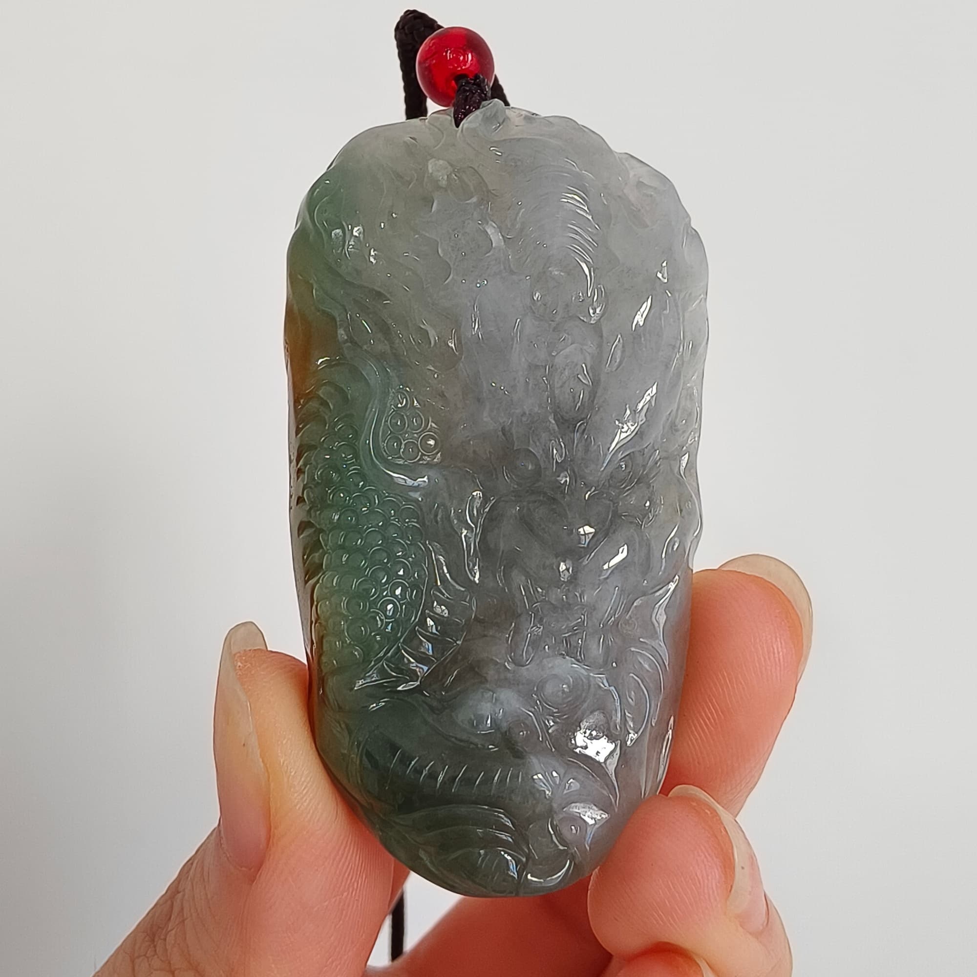 DDP 55mm Natural Certificated Icy Blue Yellow Gray Guatemalan Jadeite Dragon Pendant