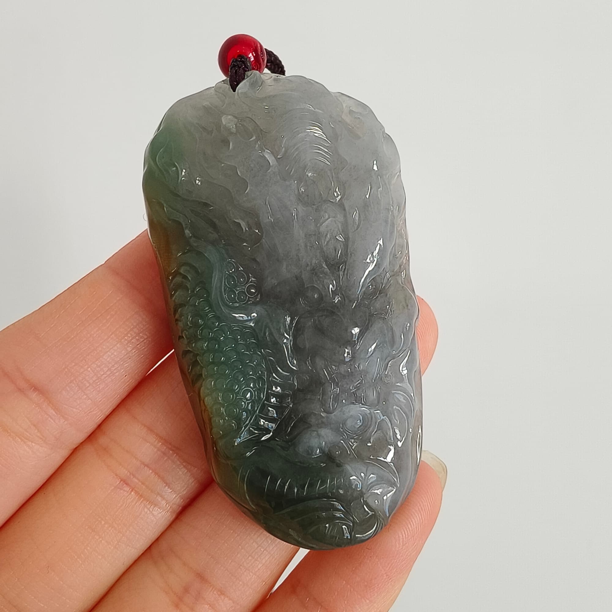DDP 55mm Natural Certificated Icy Blue Yellow Gray Guatemalan Jadeite Dragon Pendant