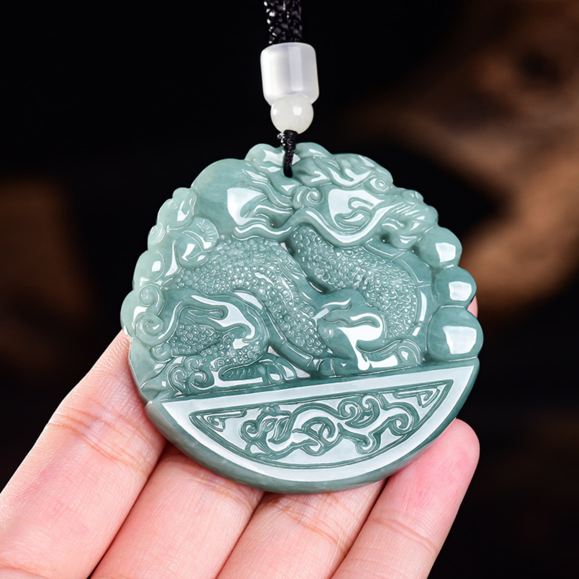 DDP 53.5mm Natural Certificated Type A Untreated Blue Watery Guatemalan Jadeite Round Pendant With Dragon Carved